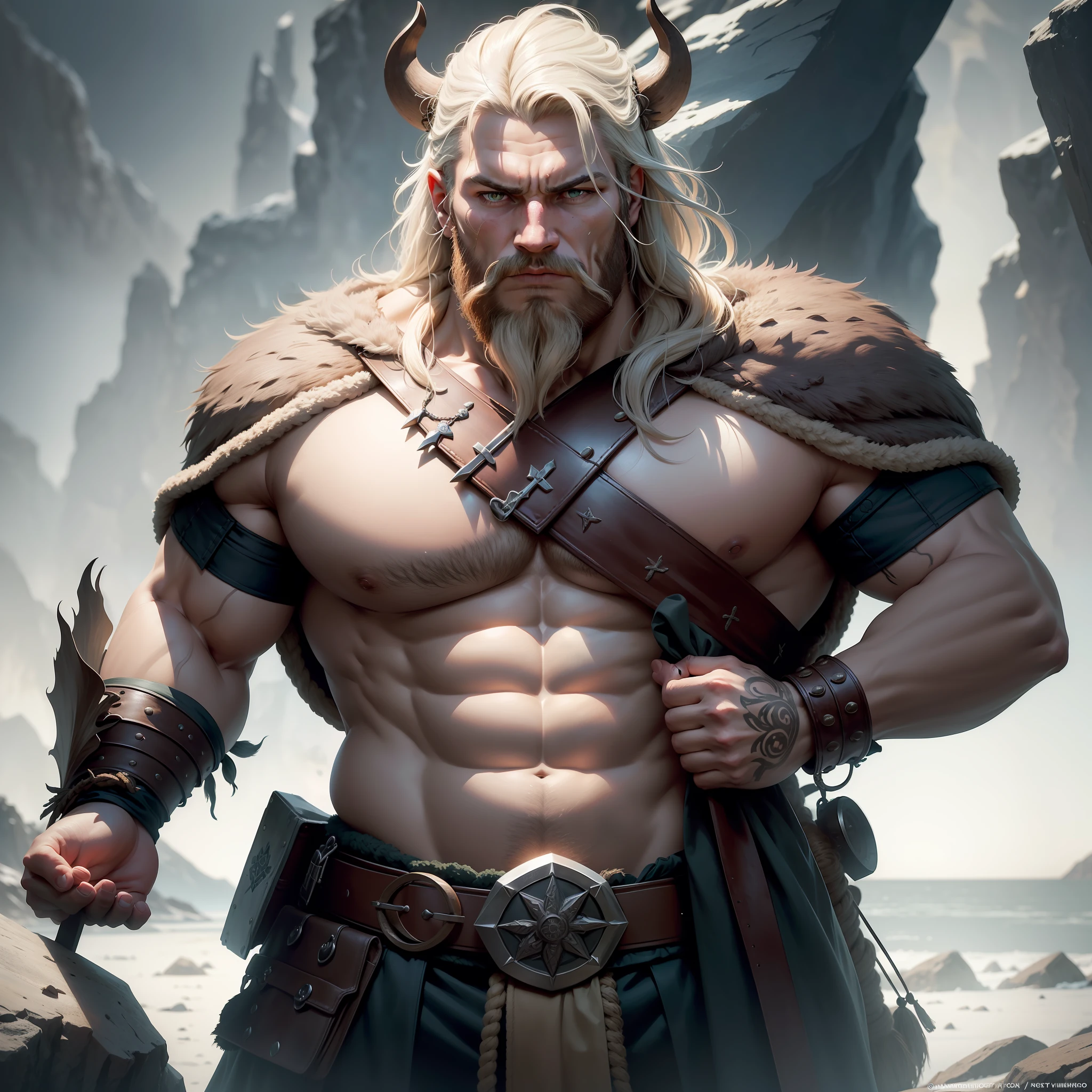 Ultra detalhado. Ultra Realista 8k. Um viking imponente e musculoso, with a bear skin that covers his head and extends to his back, displaying your strength and courage. Ele veste apenas uma tanguinha estilo Tarzan, representing your connection to nature and the harshness of your lifestyle.
The Viking is in an icy environment, cercado por uma paisagem branca e nevada. Ao seu redor, There's a crackling campfire, providing warmth and illumination in the cold setting. The Viking is roasting the flesh of a wild boar he had just killed, demonstrating your skill as a hunter and your ability to survive in this hostile environment.
The frigid air is noticeable in the image, with the Viking's breath visible in the air. The expression on his face is determined and fierce, Conveying your courage and inner strength. The atmosphere is intense, with cool tones and a sense of challenge and adventure in the air. It's a scene that represents the ruggedness and bravery of the Viking in an inhospitable environment.