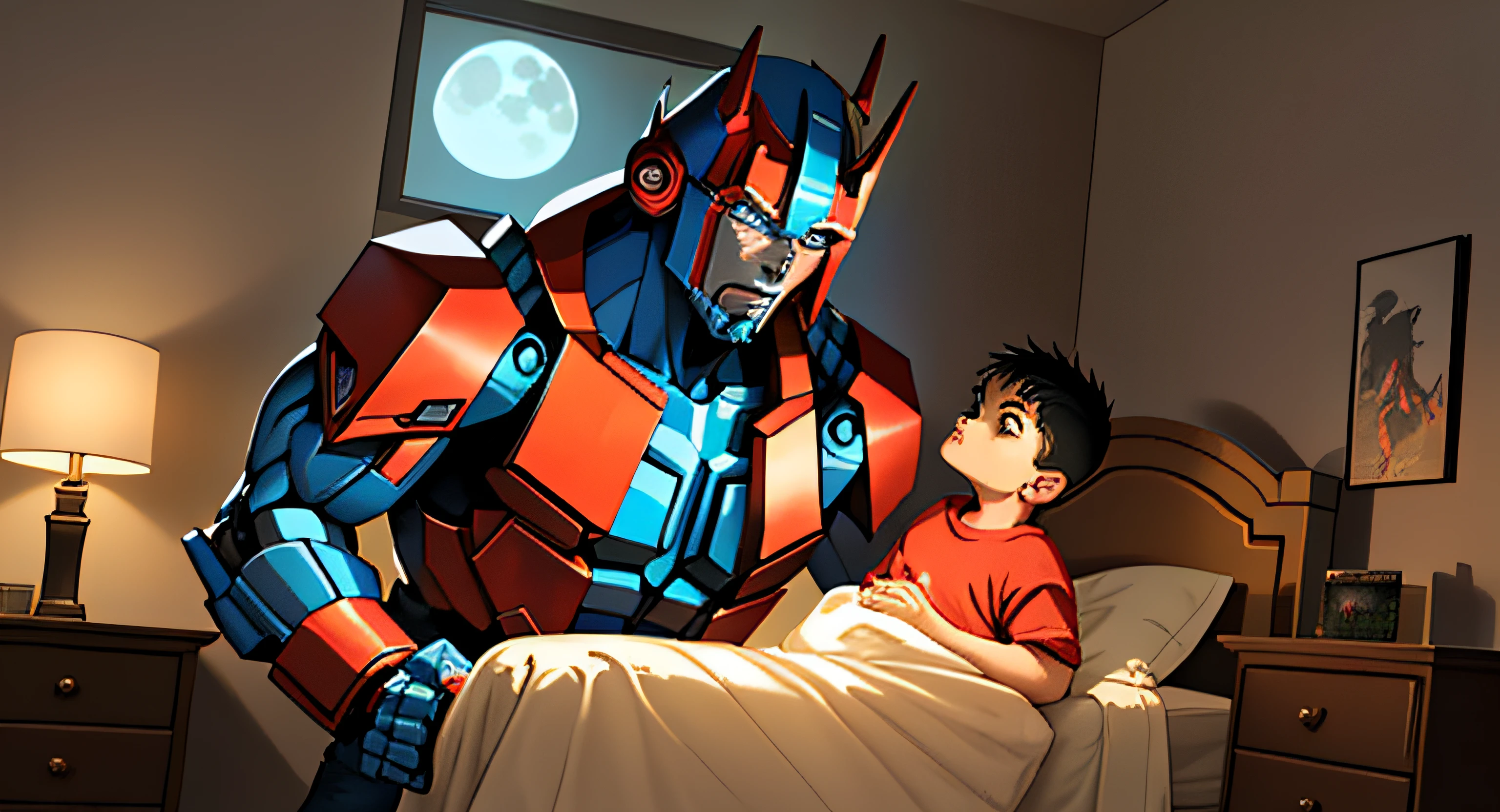 Optimus Prime, the mighty Autobot leader, towering above a young boy in his cozy bedroom, exuding a sense of strength and protection. Darkness envelops the room, accentuating the luminous glow of the moon outside, casting a magical ambiance.