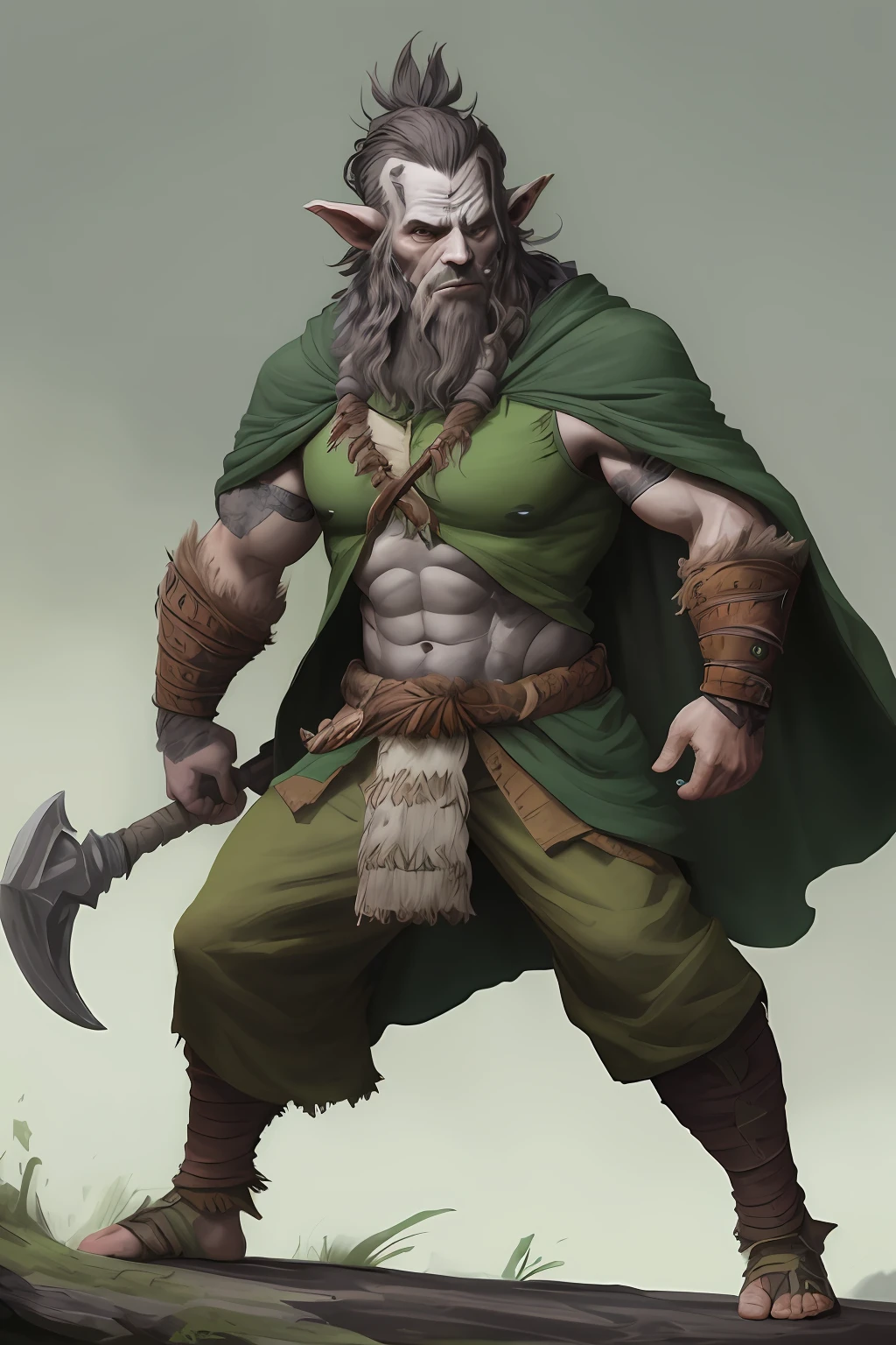 bellow shot of a intimidating male firbolg barbarian who uses a huge tribal totem for weapon, firbolg, D&D style, half giant, long green cape, clothes in shades of green, long clothes with sleeves, grey eyes, clothes covering the abdomen, druid clothes