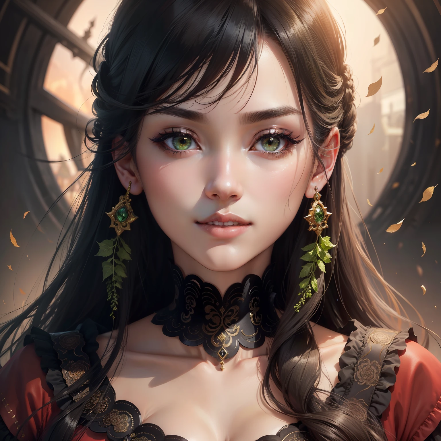Masterpiece, best picture quality, high quality, beautiful woman, Japanese, popular Korean makeup, detailed, swollen eyes, detailed eyes, detailed skin, beautiful skin, ultra high resolution, (reality: 1.4),very beautiful, slightly younger face, beautiful skin, slender, (ultra realistic), (illustration), (high resolution), (8K), (very detailed) (best illustration), (beautifully detailed eyes), (super detailed), (wallpaper), (detailed face), looking at viewer, fine details, detailed face, pureerosfaceace_v1, smiling, looking straight ahead, looking straight ahead, angle from waist up, realistic photo, bright lighting, professional lighting, black hair (some of hair part green), long hair, dark ruins, big red moon, gorgeous red and black dress, mature woman, long stylish bangs,