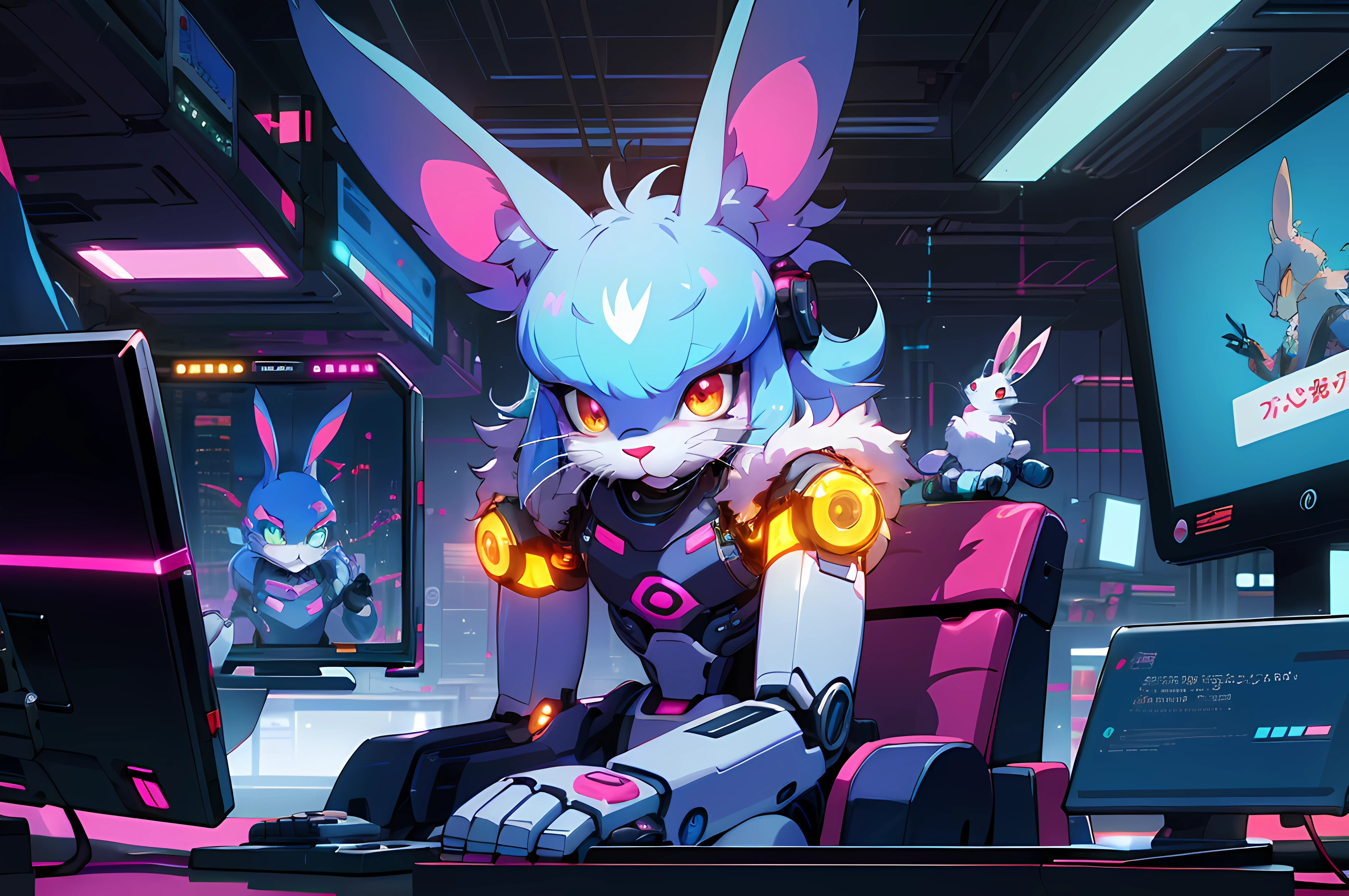 (blame! style abandoned tech landscape), (Zen, Amy Sol style), (((beats to relax/study to))), (((Lofi anthro kemono blue-furred rabbit girl in power armor sitting in metal chair behind computer terminal, behind giant glass terminal screen, beats to relax/study to))), (((blue kemono beastars furry rabbit anime hacker with small soft furry paws))), (((suspended glass cyberpunk computer terminals with robot rabbit in background))), ((glowing cyberdeck screens)), (underground, dark, foggy, perilous, abandoned dystopian apartment bedroom, deep windows), (abstract anthro rabbit figure wearing bunny ears), cover art with light abstraction, abstract, simple vector art, contemporary Cybernetic art, color gradients, soft color palettes, layered forms, whimsical animation, style Ethereal abstract, 4K, --v6