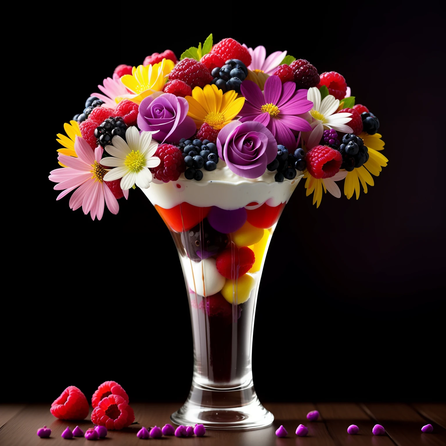 colorful flowers on table,
knickerbocker glory, tall thin glass, colorful ice cream, purple ice cream, raspberries, couli, blueberries, chopped chocolate, icing sugar,  intricate, oil on canvas, masterpiece, expert, insanely detailed, 4k resolution, splash art, concept art, composition, framing, delicate features,