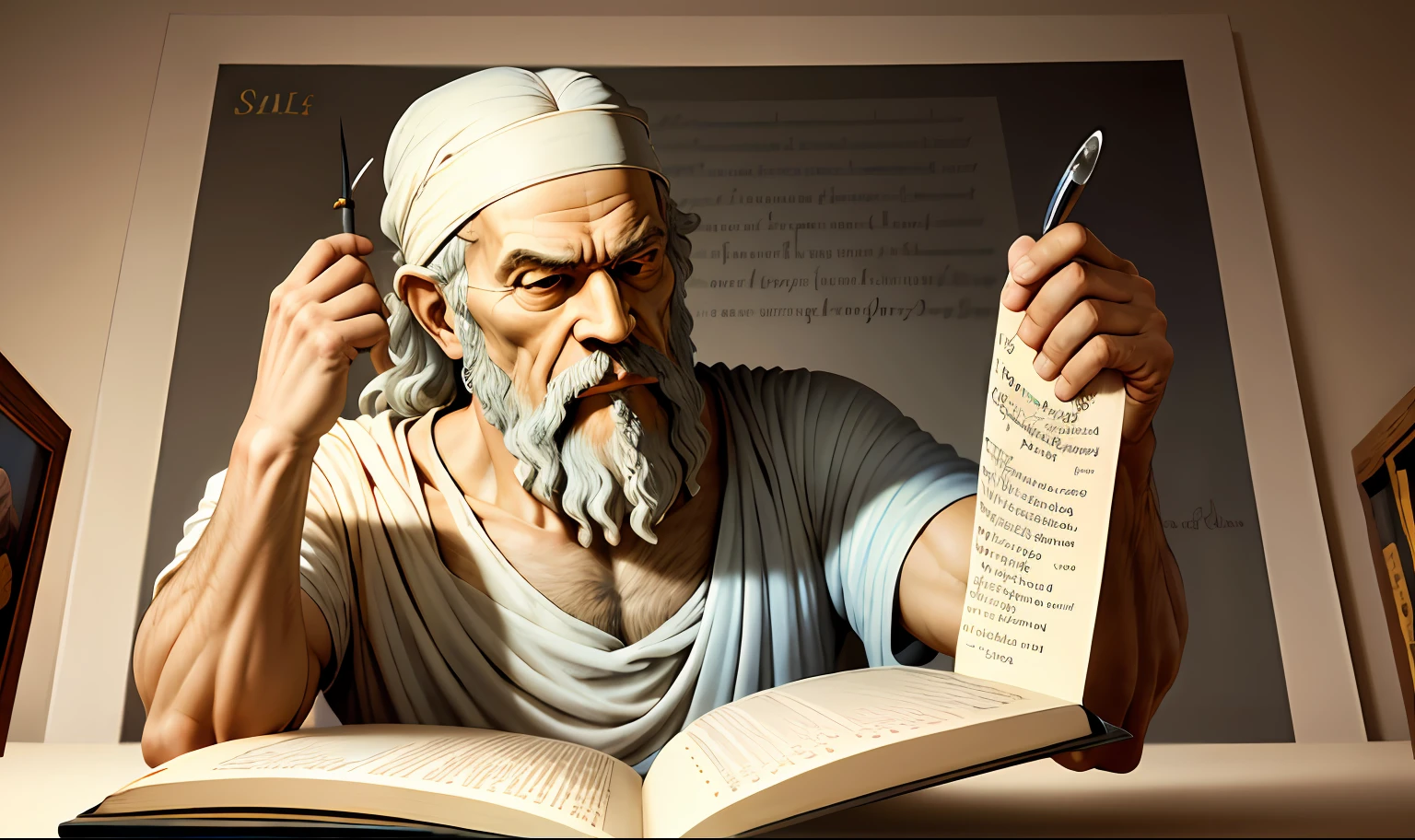 ancient imagen, ancient greek reading with a magnifying glass, extreme realism ((image representing the socrates)) masterpiece, best quality, highres, (photorealistic: 1.4)