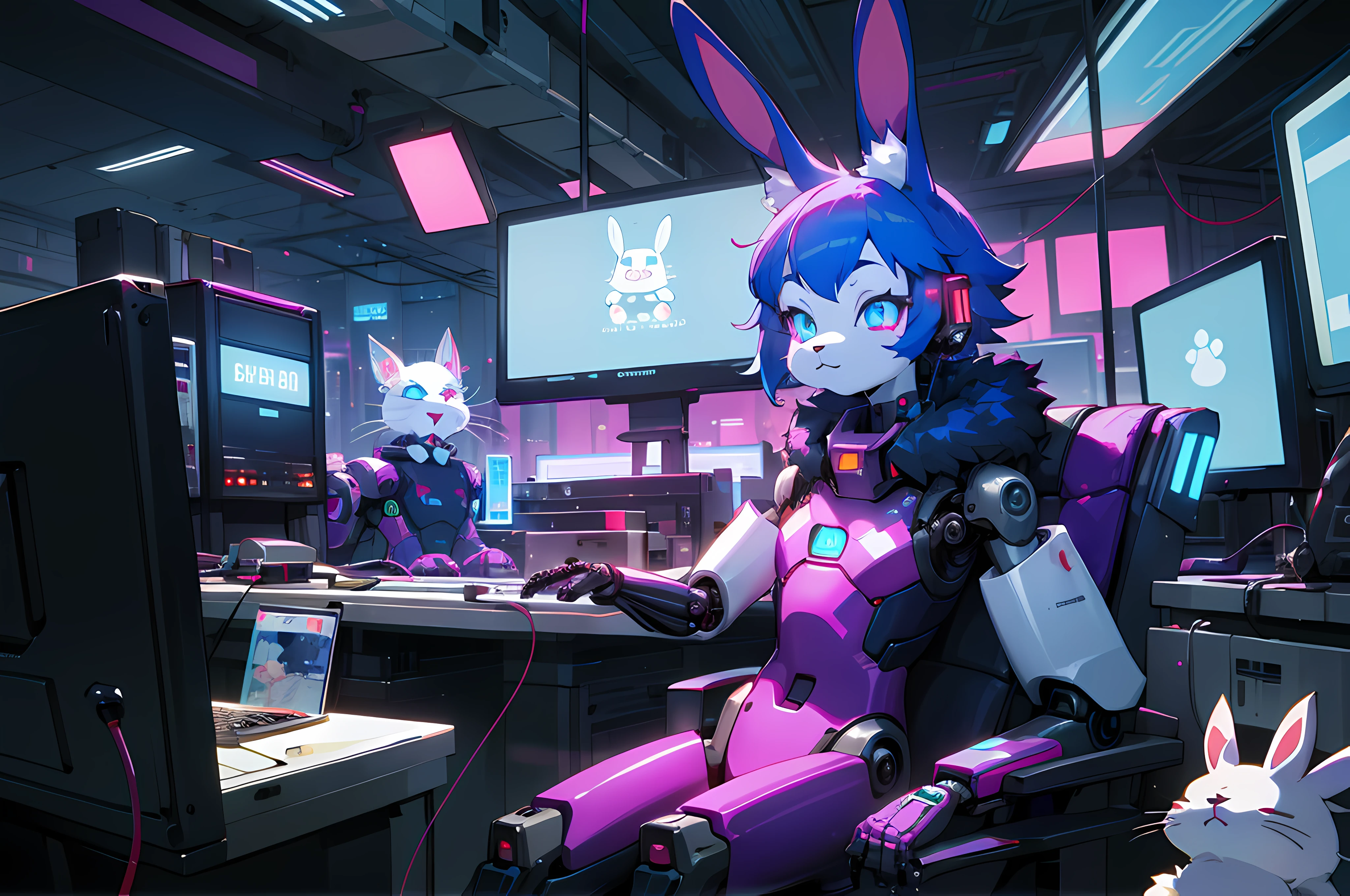 (blame! style abandoned tech landscape), (Zen, Amy Sol style), (((beats to relax/study to))), (((Lofi anthro kemono blue-furred rabbit girl in power armor sitting in metal chair behind computer terminal, behind giant glass terminal screen, beats to relax/study to))), (((blue kemono beastars furry rabbit anime hacker with small soft furry paws))), (((suspended glass cyberpunk computer terminals with robot rabbit in background))), ((glowing cyberdeck screens)), (underground, dark, foggy, perilous, abandoned dystopian apartment bedroom, deep windows), (abstract anthro rabbit figure wearing bunny ears), cover art with light abstraction, abstract, simple vector art, contemporary Cybernetic art, color gradients, soft color palettes, layered forms, whimsical animation, style Ethereal abstract, 4K, --v6