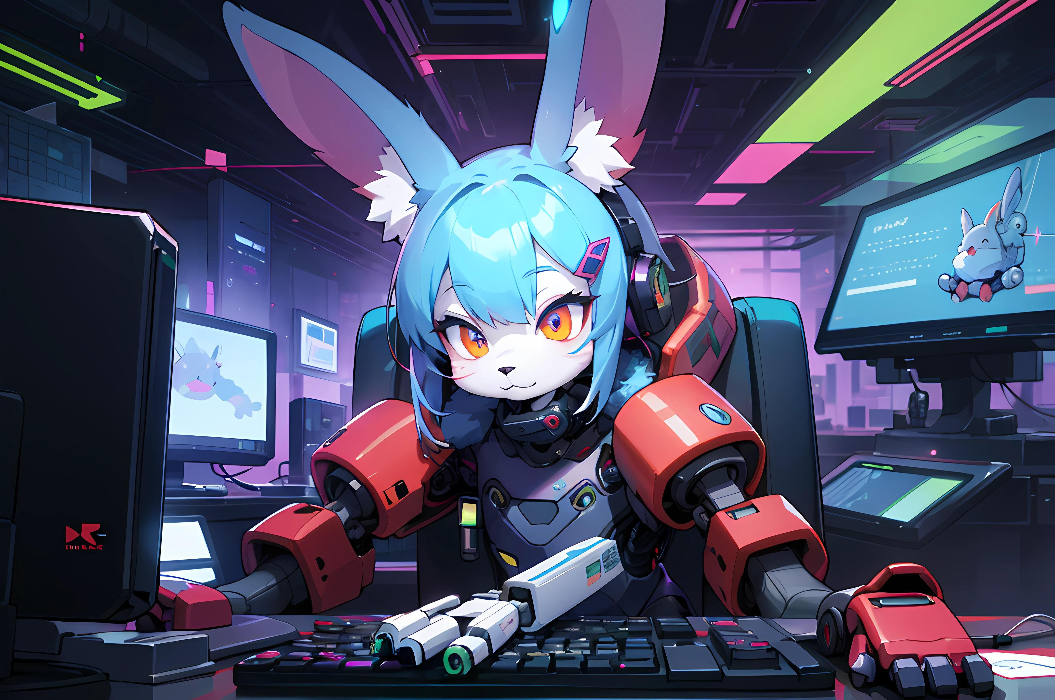 (blame! style abandoned tech landscape), (Zen, Amy Sol style), (((beats to relax/study to))), (((Lofi anthro kemono blue-furred rabbit girl in power armor sitting in metal chair behind computer terminal, behind giant glass terminal screen, beats to relax/study to))), (((blue kemono beastars furry rabbit anime hacker with small soft furry paws))), (((suspended glass cyberpunk computer terminals with robot rabbit in background))), ((glowing cyberdeck screens)), (underground, dark, foggy, perilous, abandoned dystopian apartment bedroom, deep windows), (abstract anthro rabbit figure wearing bunny ears), cover art with light abstraction, abstract, simple vector art, contemporary Cybernetic art, color gradients, soft color palettes, layered forms, whimsical animation, style Ethereal abstract, 4K, --v6