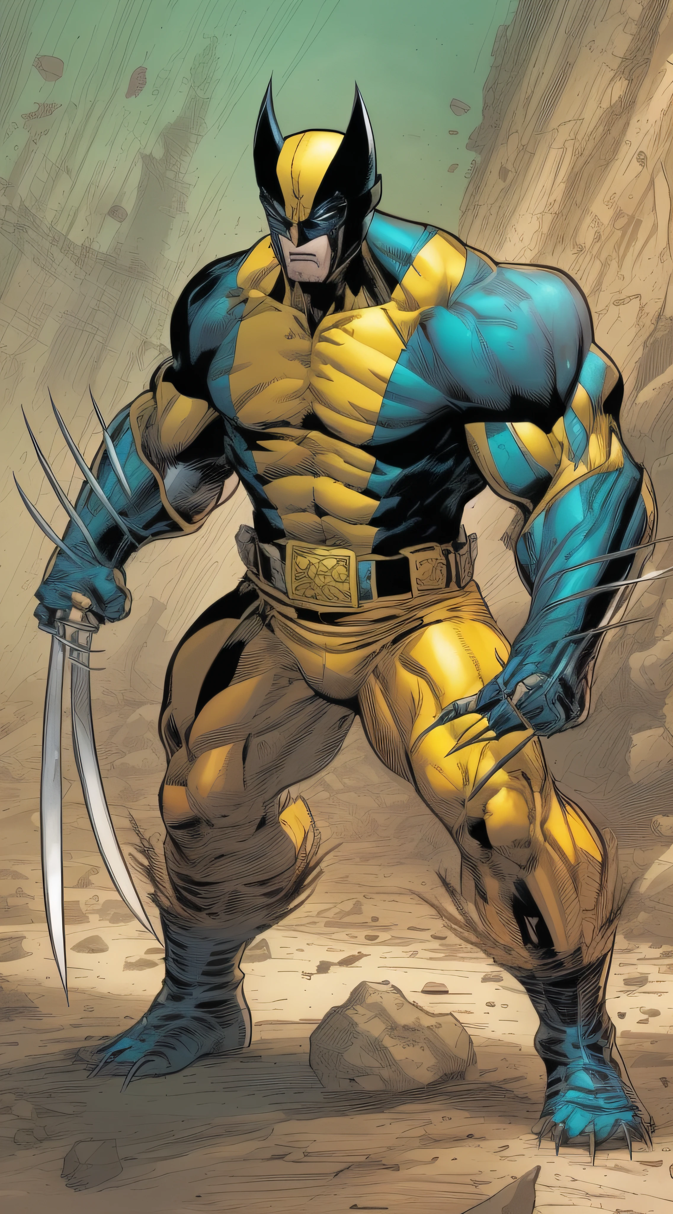 (wolverine in battle pose:1.2, comic book style:1.1, jim lee style:1.1, yellow and blue uniform:1.1, with mask:1.1)