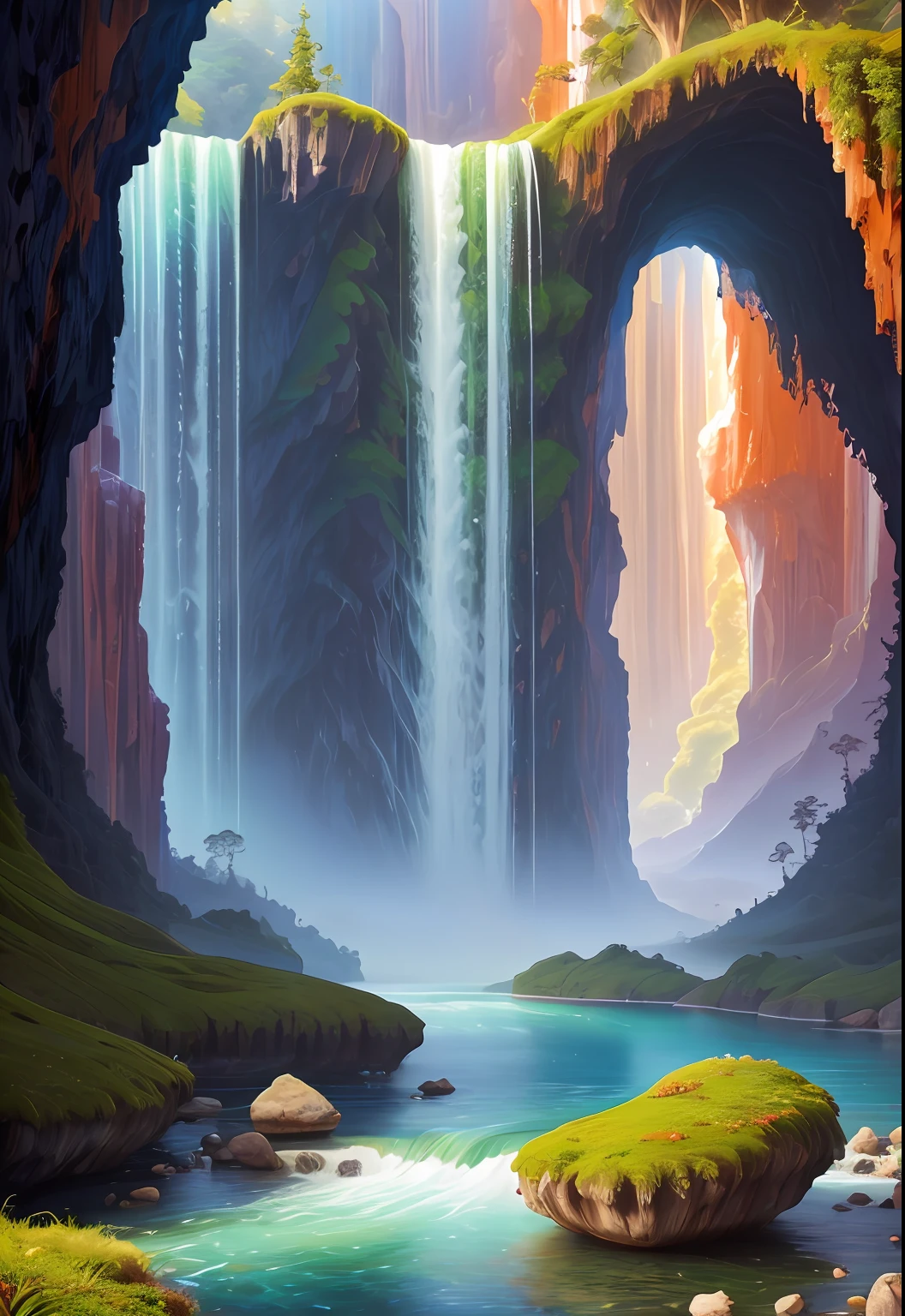 paisagem, water, (papel de parede 8k de unidade CG extremamente detalhado), obras de arte mais bonitas do mundo, professional majestic oil painting, intrincada, alto detalhe, foco nítido, dramatic and photorealistic painting art, caverna, muitas arvores