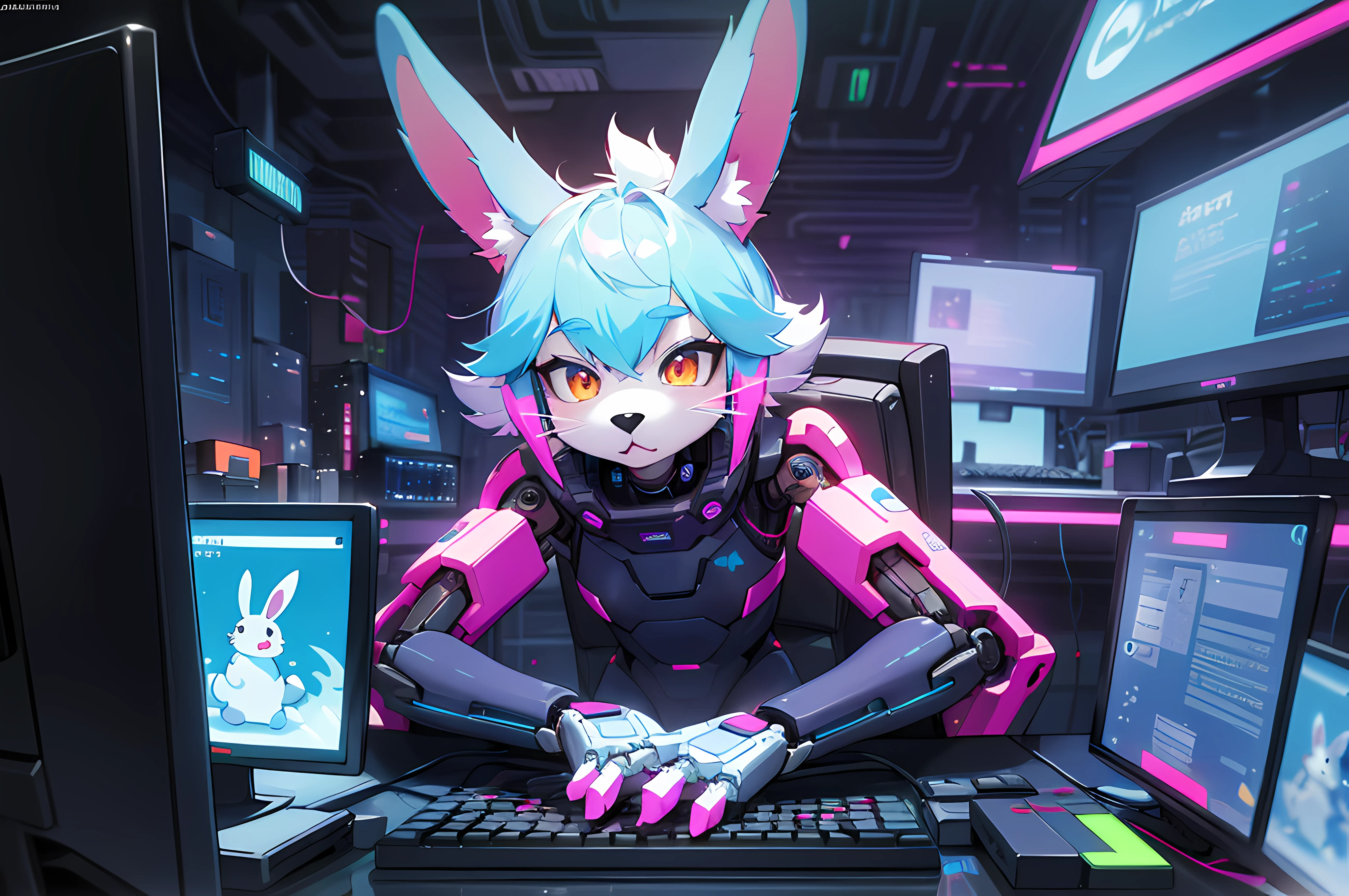 (blame! style abandoned tech landscape), (Zen, Amy Sol style), (((beats to relax/study to))), (((Lofi anthro kemono blue-furred rabbit girl in power armor sitting in metal chair behind computer terminal, behind giant glass terminal screen, beats to relax/study to))), (((blue kemono beastars furry rabbit anime hacker with small soft furry paws))), (((suspended glass cyberpunk computer terminals with robot rabbit in background))), ((glowing cyberdeck screens)), (underground, dark, foggy, perilous, abandoned dystopian apartment bedroom, deep windows), (abstract anthro rabbit figure wearing bunny ears), cover art with light abstraction, abstract, simple vector art, contemporary Cybernetic art, color gradients, soft color palettes, layered forms, whimsical animation, style Ethereal abstract, 4K, --v6