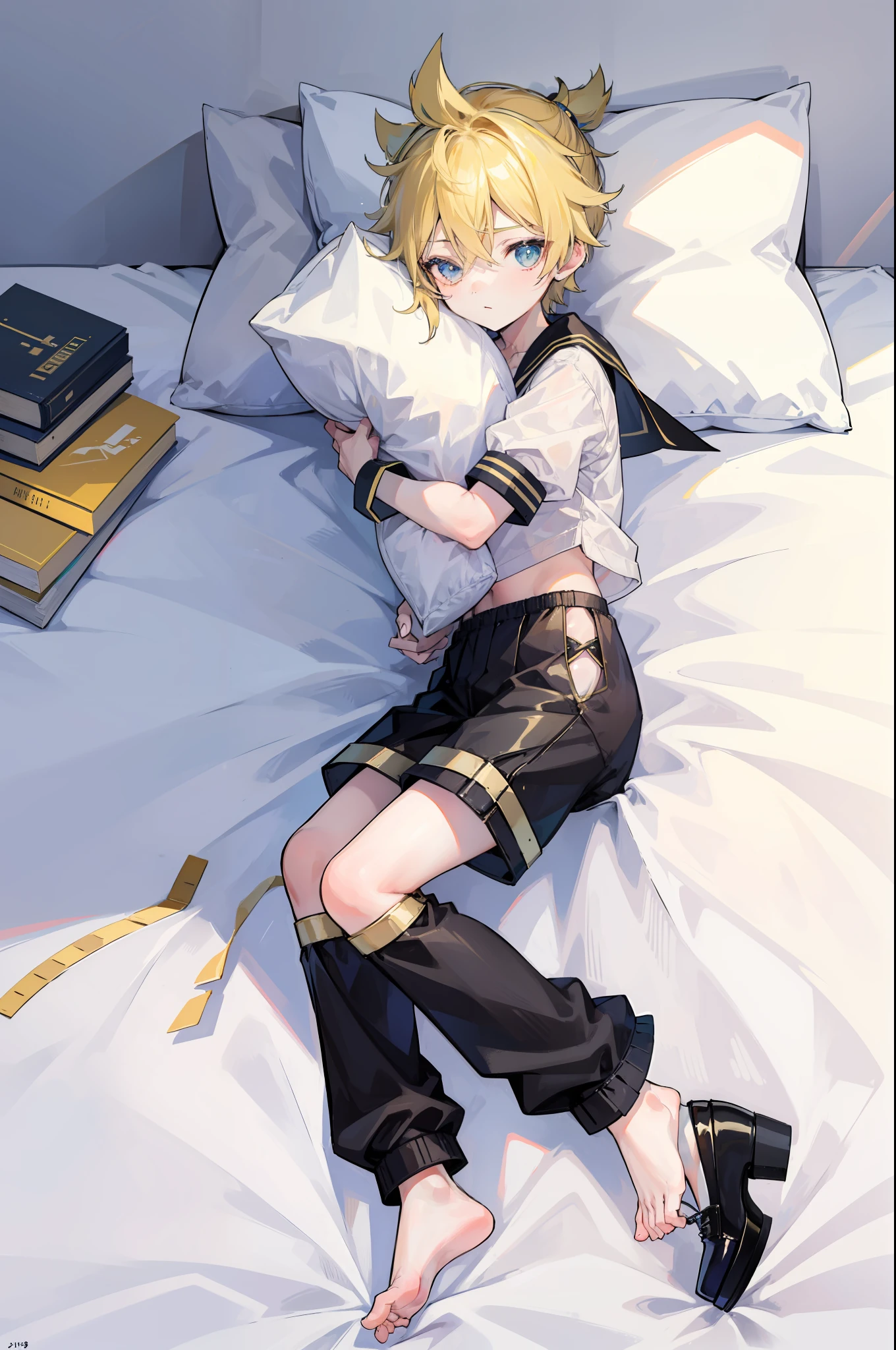 best quality, ultra precision, (one boy), (Len_Kagamine), cute, cool, blond hair, shota, handsome, cowlick, sailor uniform, black short pants, slender,  your cute boyfriend, innocent, boy model, boy is cute like a girl, on bed, lying on bed, sleep peacefully, close boy's eyes, boy is sleeping well, hugging pillow, full body, lovely, sleepy, boy has unconscious sex appeal, vague consciousness, boy adore you, boy love you