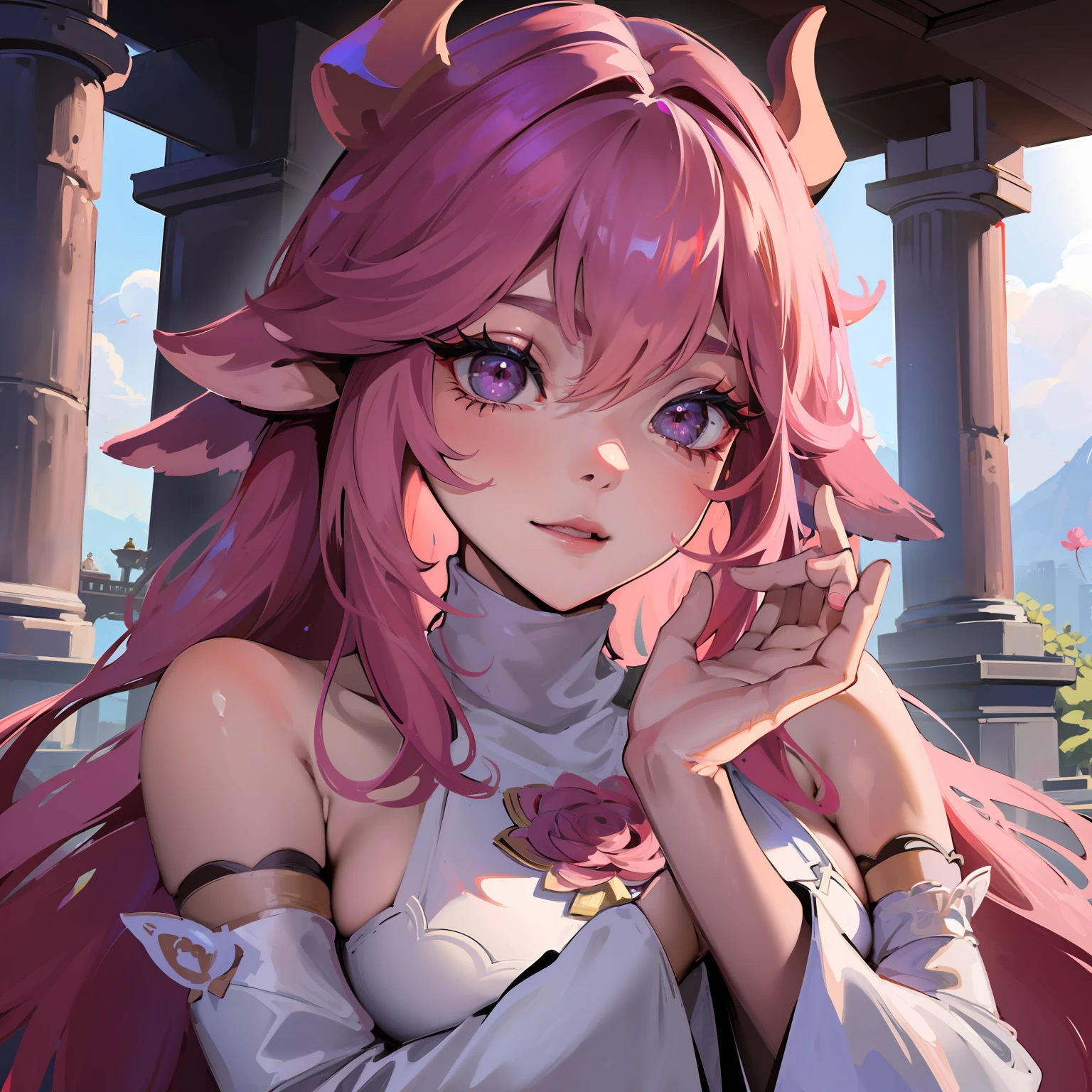 A female milf demon with demonic horns in the same light skin tone wearing a wet wedding dress, (skin tone demonic horns)), cabelo de rapunzel cor-de-rosa extremamente longo, ((Cabelo de rapunzel cor-de-rosa)), corpo volumoso com seios e busto enormes, ((seio e busto enormes)), sorriso malicioso olhando para os espectadores ;, destaque no corpo, Pose sexy, Pose sexualizada ;, Moda realista, sysie high definition details, fotografia, perspicacity, unique 850 4, Koda850 k portrait camera, Primavera F1.6, cores ricas, Textura super realista, textura de luz espetacular, arte surreal, Cinestil 800 mecanismo de moda.