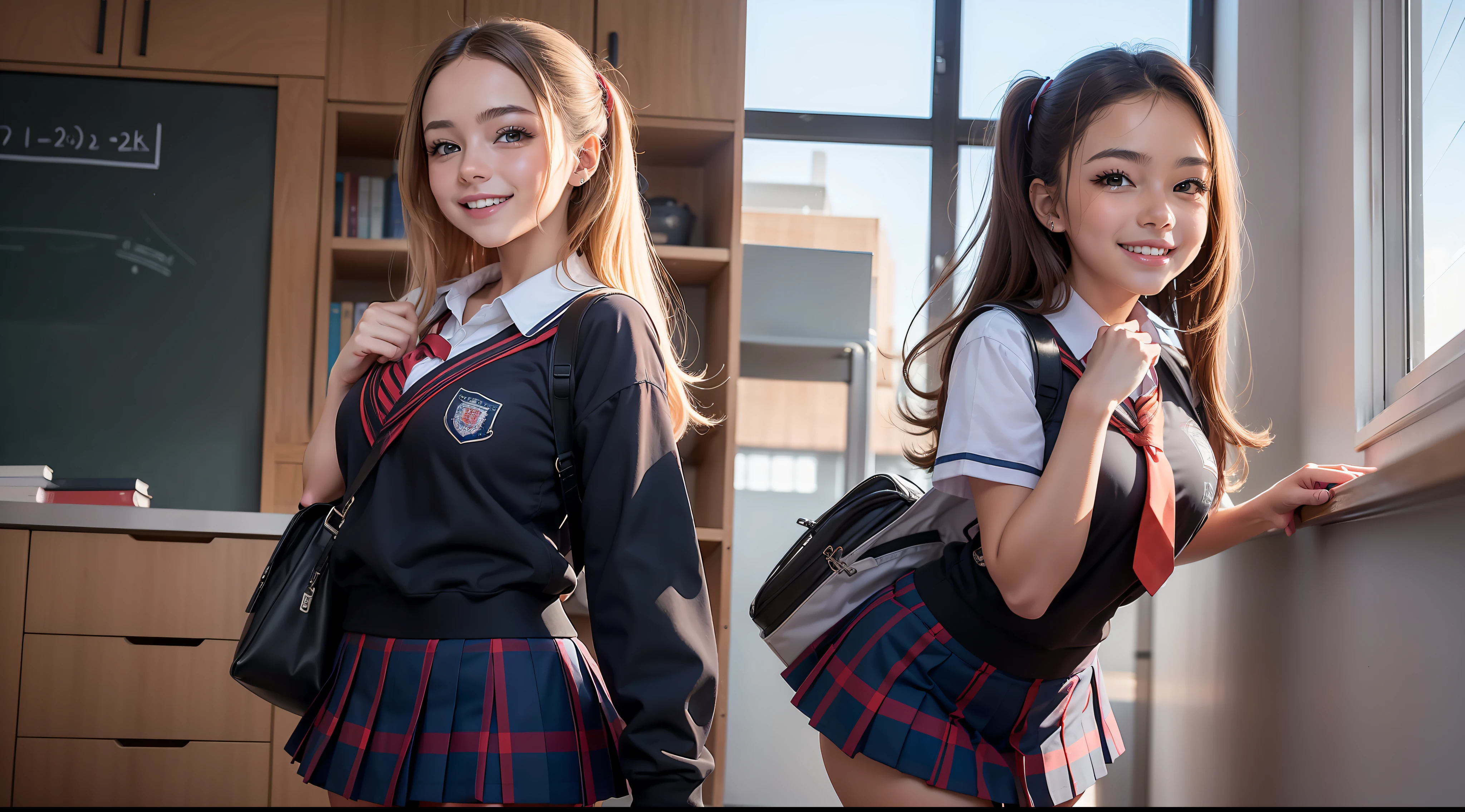 School girl passando sorrindo pelo corredor da escola, cabinets on the right, 8k, maximum detailed, high quality