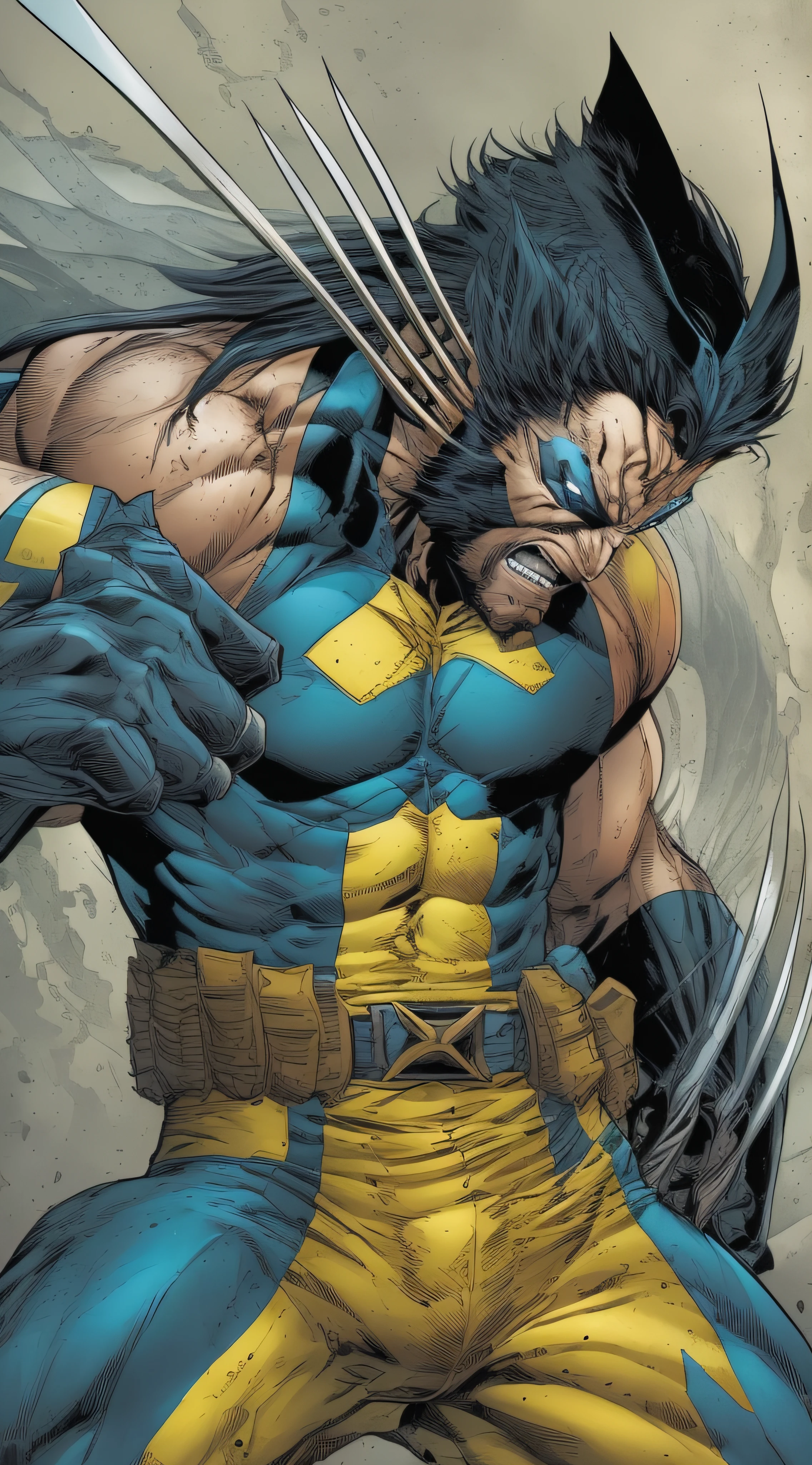 (wolverine in battle pose:1.2, comic book style:1.1, jim lee style:1.1, yellow and blue uniform:1.1, with mask:1.1)
