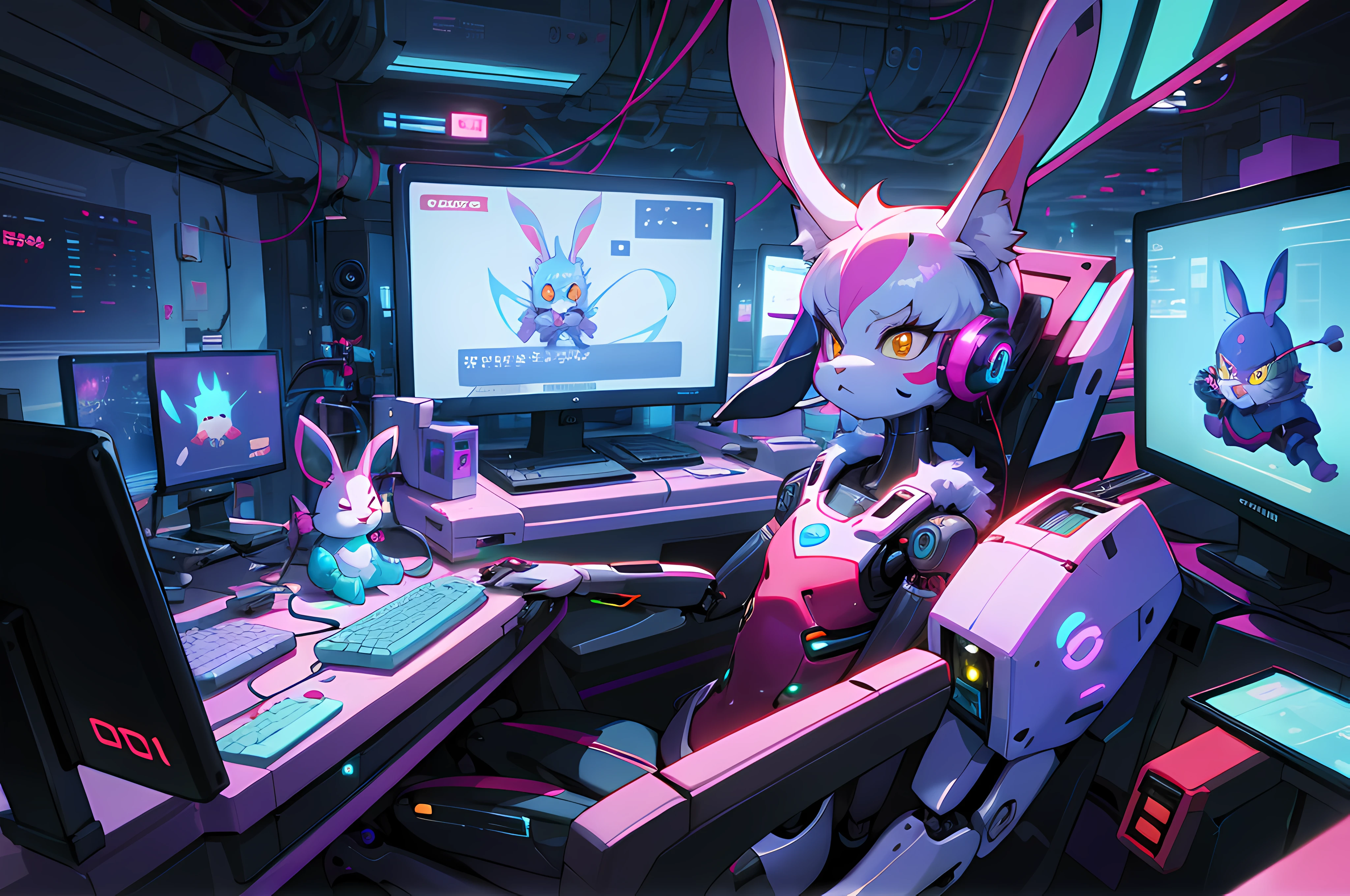 (blame! style abandoned tech landscape), (Zen, Amy Sol style), (((beats to relax/study to))), (((Lofi anthro kemono blue-furred rabbit girl in power armor sitting in metal chair behind computer terminal, behind giant glass terminal screen, beats to relax/study to))), (((blue kemono beastars furry rabbit anime hacker with small soft furry paws))), (((suspended glass cyberpunk computer terminals with robot rabbit in background))), ((glowing cyberdeck screens)), (underground, dark, foggy, perilous, abandoned dystopian apartment bedroom, deep windows), (abstract anthro rabbit figure wearing bunny ears), cover art with light abstraction, abstract, simple vector art, contemporary Cybernetic art, color gradients, soft color palettes, layered forms, whimsical animation, style Ethereal abstract, 4K, --v6