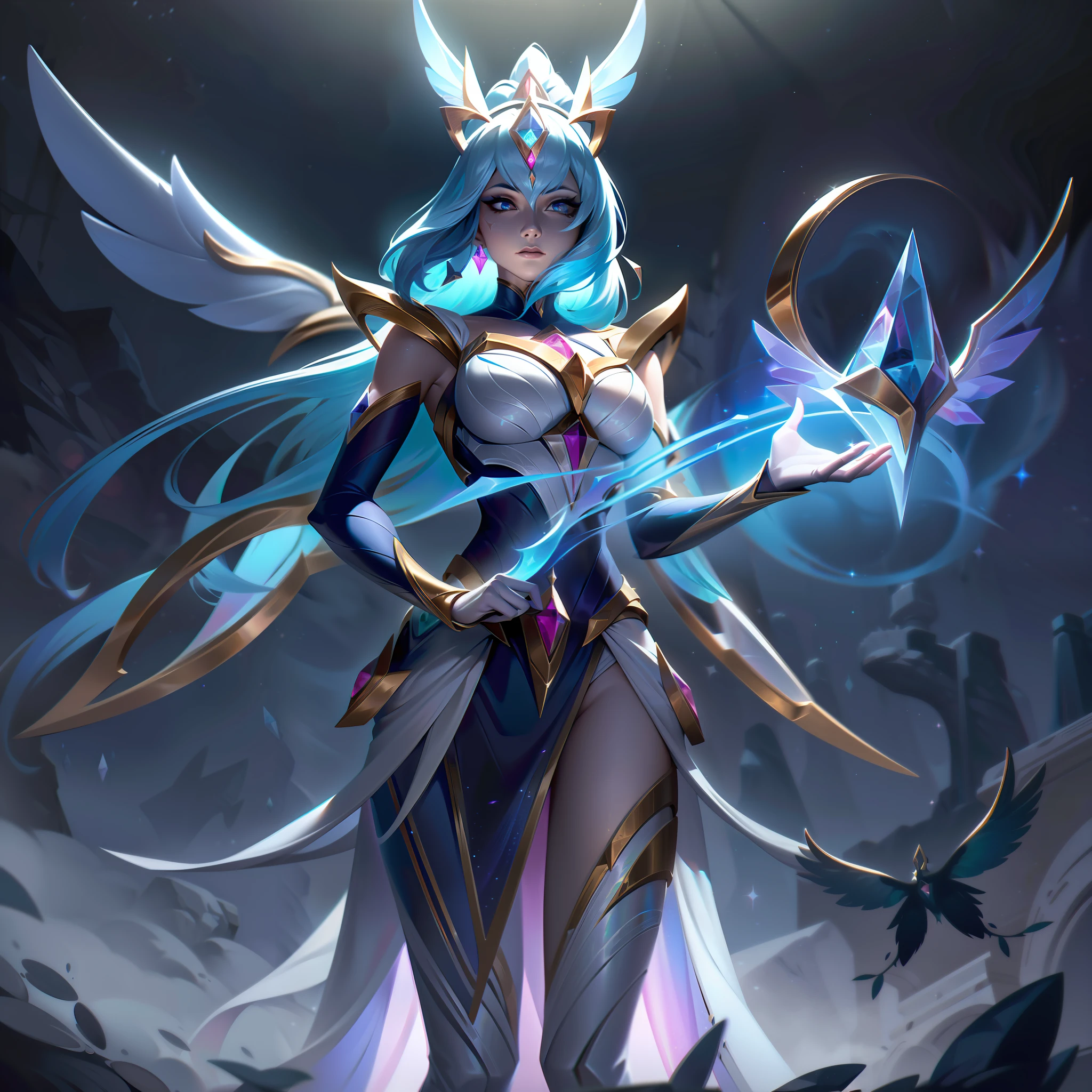 The Legendary Skin "Eclipse Sentinel Xerona" presents a breathtaking transformation of the original Verdant Archer Xerona. In this skin, Xerona embodies the power of the night and celestial forces, becoming an enigmatic and regal figure.

In the splash art, Xerona's appearance undergoes a stunning metamorphosis. She now dons an elegant and ethereal celestial attire, with her armor and bow crafted from moonstone. Her wings shimmer with moonlight, signifying her connection to the celestial realm.

The color palette is dominated by deep blues and shimmering silvers, mirroring the moonlit night sky. Glowing stars and celestial symbols adorn her armor, emphasizing her new role as the Eclipse Sentinel, a guardian of the night.

Her arrows have transformed into radiant beams of moonlight, ready to pierce through darkness and foes alike. The celestial theme of the skin is further accentuated by the inclusion of sparkling stardust and celestial glimmers in the background.

Xerona's expression exudes a sense of celestial grace and determination, showcasing her newfound power as the Eclipse Sentinel. The overall composition exudes an aura of mystery and majesty, capturing the essence of this regal and cosmic transformation.