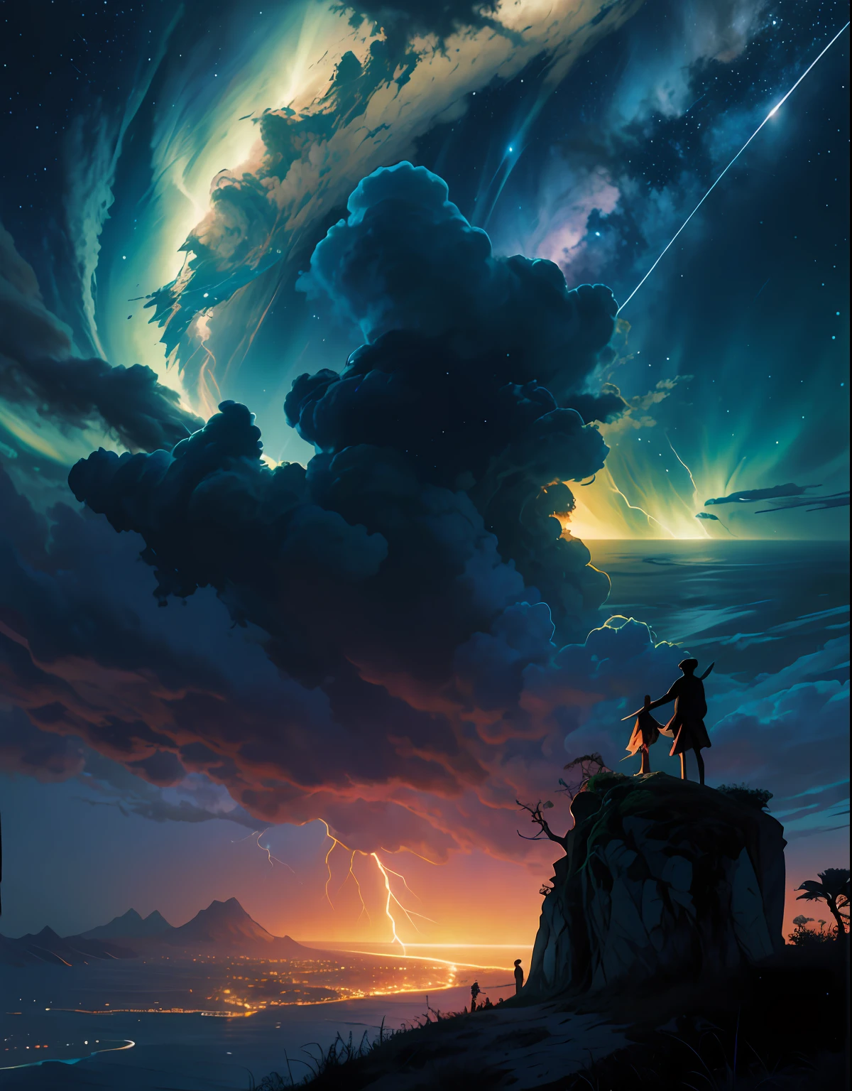 uma cidade de alta fantasia, scenecy, imagem do ambiente, paisagem de fantasia escura natural, darkeness, uma tempestade feroz, thunders, Lightning illumination, paisagem longa distancia, Meteoros caindo, 8k, detalhes das luzes, papel de parede