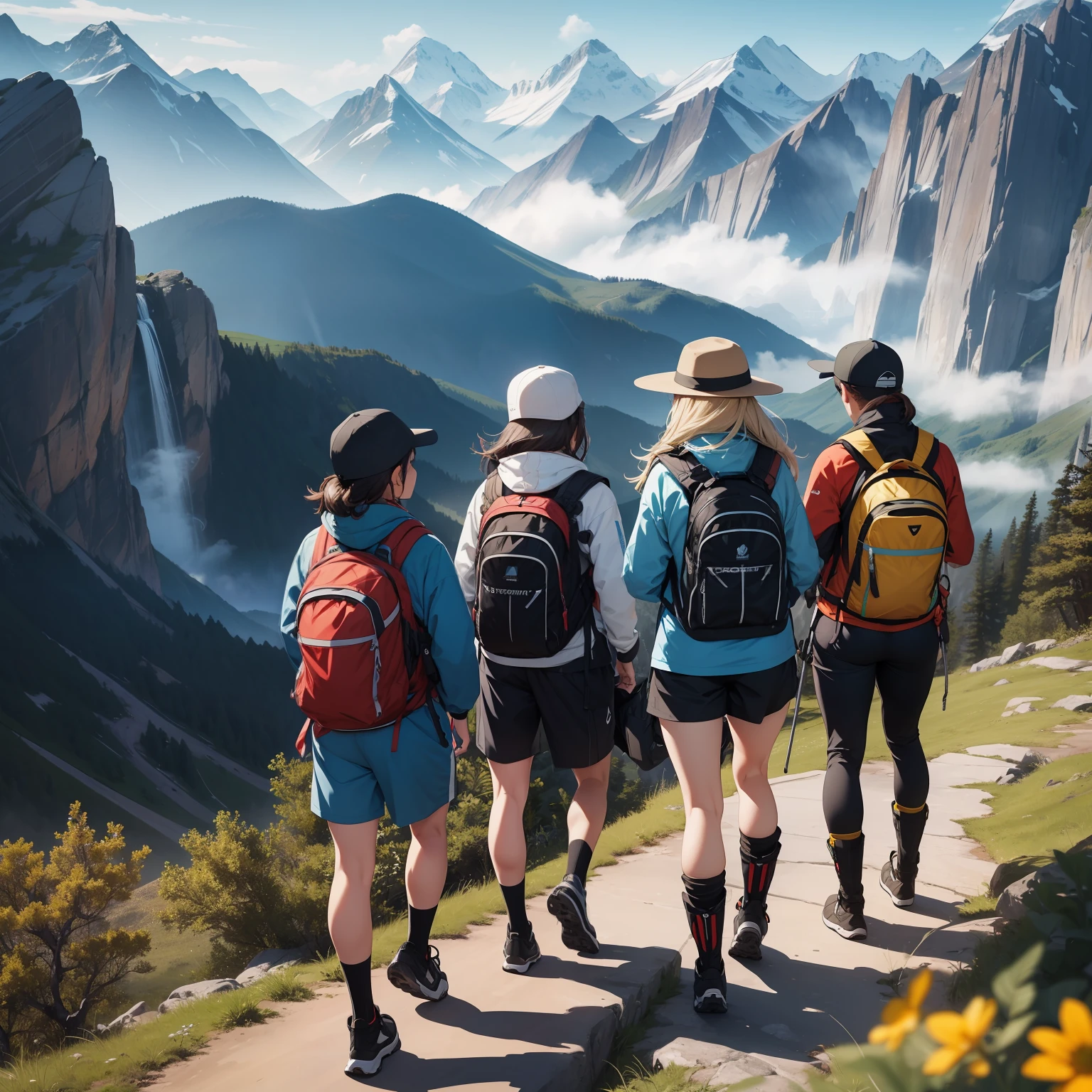 masterpiece, best quality, ultra HD, 8k, wallpaper), cinematic view, full body view, front view, perfect body, perfect anatomy, curvaceous, alluring, perfect hands, perfect eyes, detailed eyes, large breasts, long round legs, round ass, 3 tenacious female mountain hikers, 1 blonde 1 red 1 dark haired females, aged in their late 20s or early 30s, stand proudly on a rocky outcrop amidst a breathtaking, rugged mountain landscape, they sports a functional yet stylish ensemble, including a high-performance, waterproof hiking jacket in earthy tones, comfortable moisture-wicking shirts in a vibrant color, durable hiking shorts, sturdy ankle-high boots, and compact backpacks equipped with a hydration system, completing their outfits are a sporty caps, sunglasses, and wristwatches, the magnificent mountain range in the background, shrouded in mist and cloaked with lush greenery, adds an untouched beauty of nature to the scene, amongst rugged rocks and colorful wildflowers in the foreground, she conquers the rocky peak, evoking a sense of wonder, determination, and serenity
