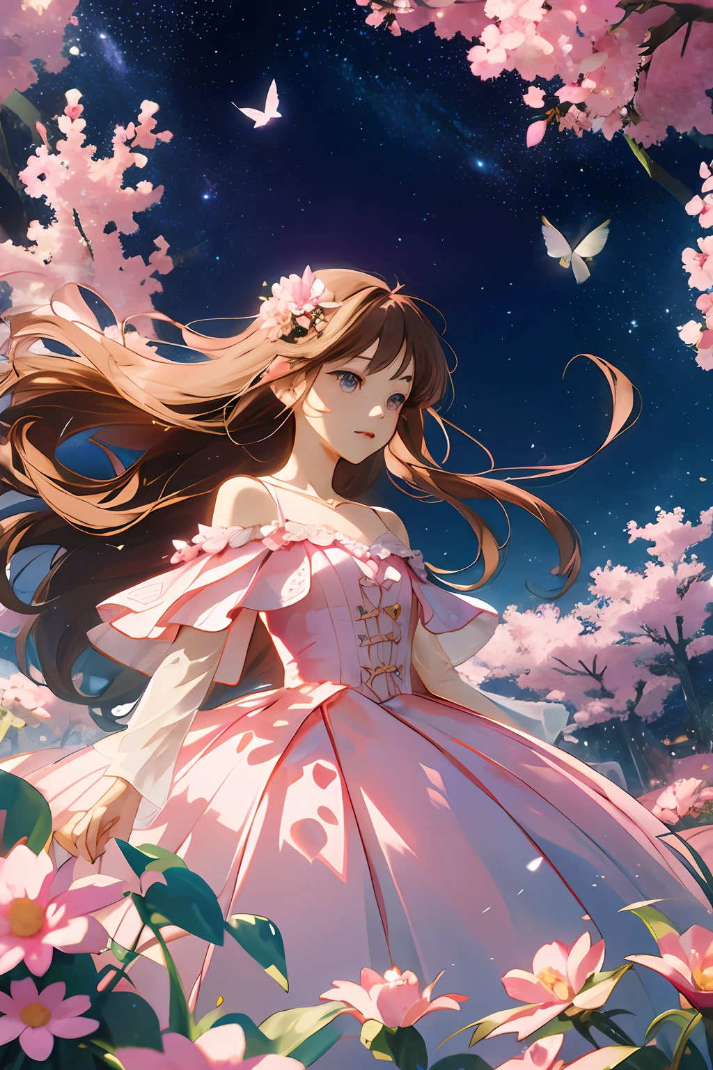 high high quality,tmasterpiece,Delicate facial features,Delicate hair,Delicate eyes,Delicate hair,Romantic girl,Anime shoujo,Pink off-the-shoulder dress,Long brown hair waist-length,Exquisite and delicate,Elegant and gorgeous,dreamy and romantic,Feminine and romantic,blossoms,Cute anime girl in beautiful clothes, in dress, Fantastic flower garden,Guviz, Style anime, Guviz-style artwork, fantasyoutfit, lovely art style, Dreamy style, fantasy style clothing, Romantic dress, soft cute colors, Lolihigh quality detailed art(Delicate facial portrayal)(Fine hair portrayal)(highest quality)(Master masterpieces)(High degree of completion)(a sense of atmosphere)8k wallpaper,tmasterpiece,Best quality at best,ultra - detailed