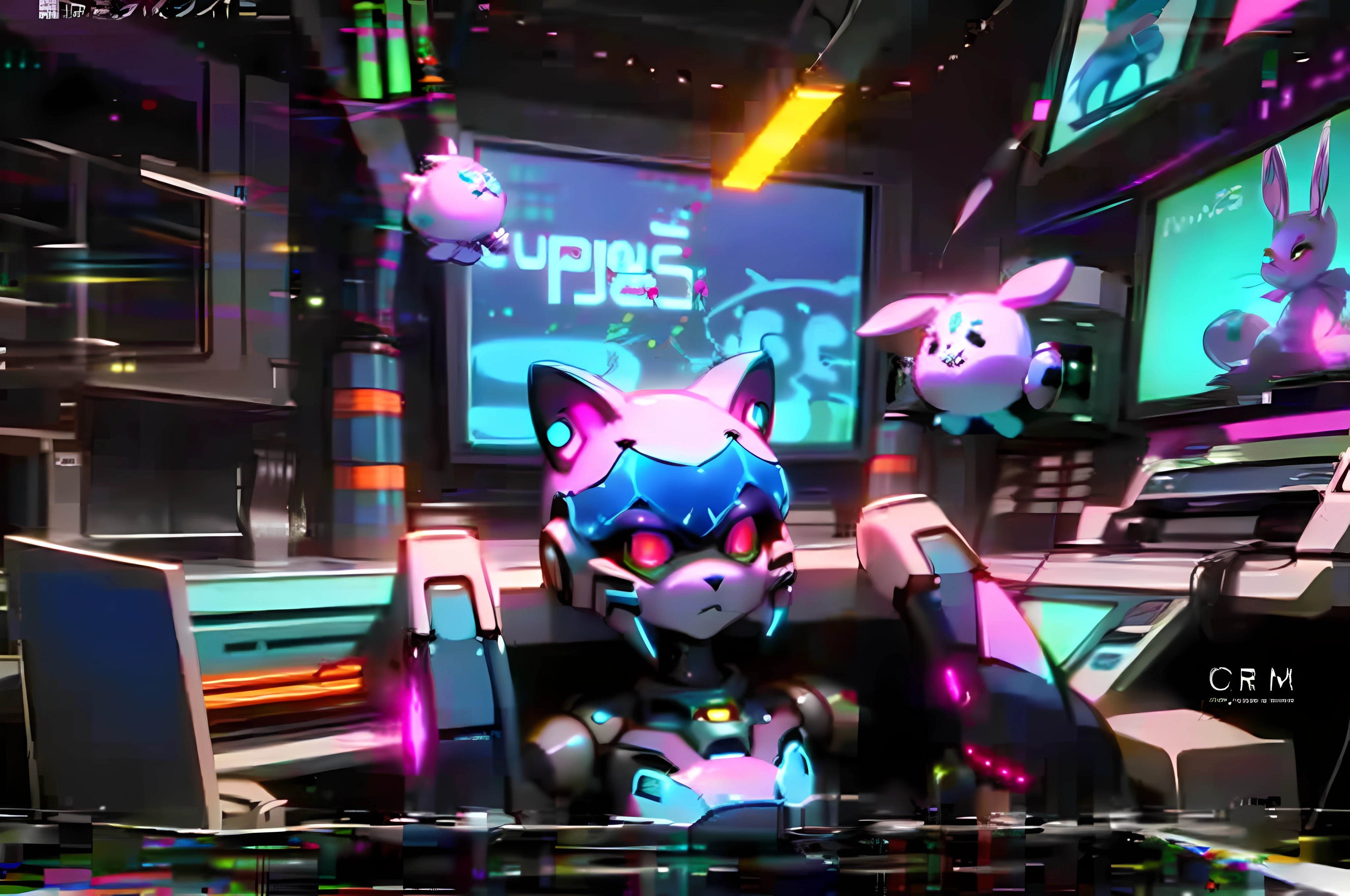 (blame! style abandoned tech landscape), (Zen, Amy Sol style), (((beats to relax/study to))), (((Lofi anthro kemono blue-furred rabbit girl in power armor sitting in metal chair behind computer terminal, behind giant glass terminal screen, beats to relax/study to))), (((blue kemono beastars furry rabbit anime hacker with small soft furry paws))), (((suspended glass cyberpunk computer terminals with robot rabbit in background))), ((glowing cyberdeck screens)), (underground, dark, foggy, perilous, abandoned dystopian apartment bedroom, deep windows), (abstract anthro rabbit figure wearing bunny ears), cover art with light abstraction, abstract, simple vector art, contemporary Cybernetic art, color gradients, soft color palettes, layered forms, whimsical animation, style Ethereal abstract, 4K, --v6