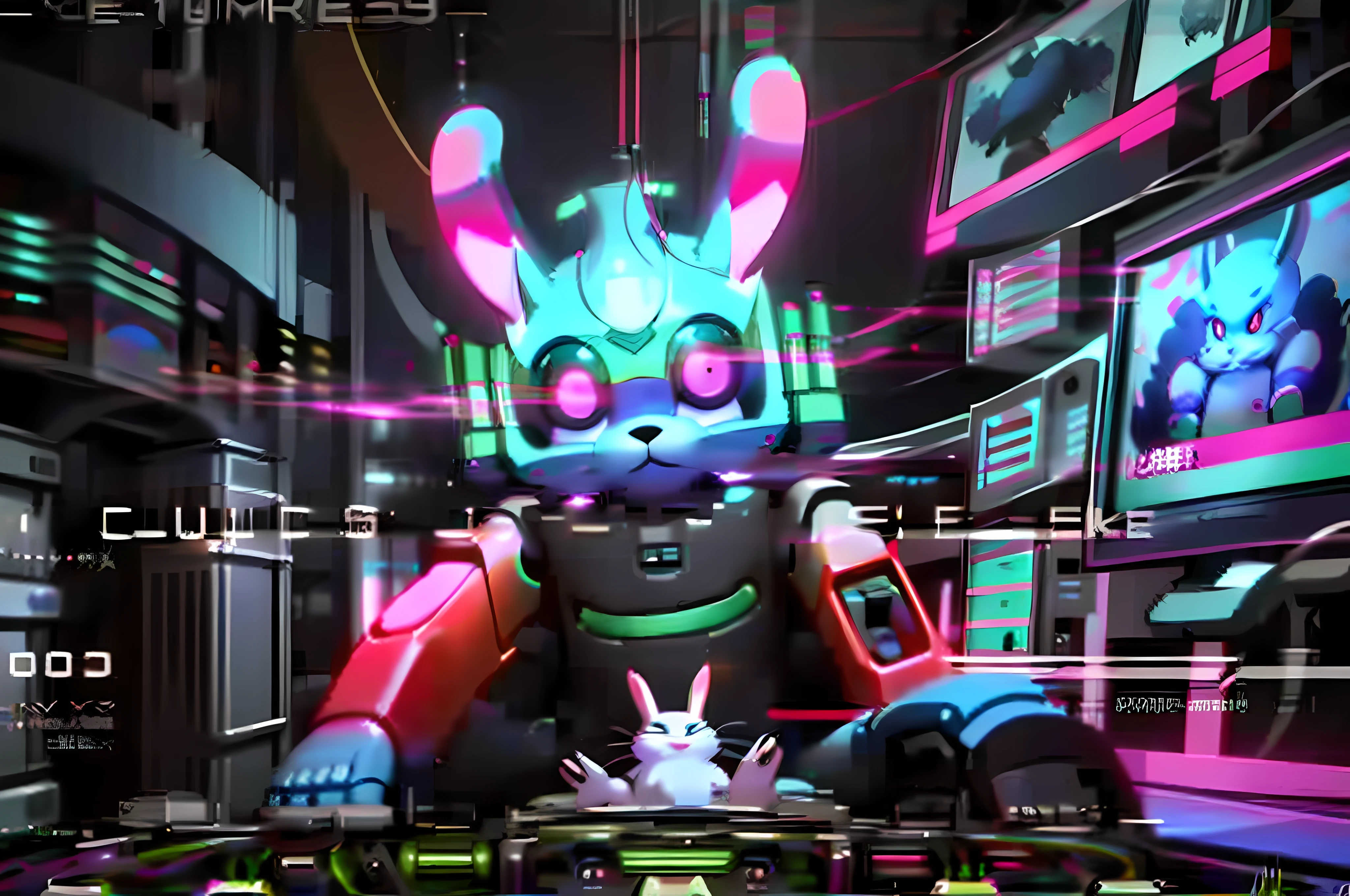 (blame! style abandoned tech landscape), (Zen, Amy Sol style), (((beats to relax/study to))), (((Lofi anthro kemono blue-furred rabbit girl in power armor sitting in metal chair behind computer terminal, behind giant glass terminal screen, beats to relax/study to))), (((blue kemono beastars furry rabbit anime hacker with small soft furry paws))), (((suspended glass cyberpunk computer terminals with robot rabbit in background))), ((glowing cyberdeck screens)), (underground, dark, foggy, perilous, abandoned dystopian apartment bedroom, deep windows), (abstract anthro rabbit figure wearing bunny ears), cover art with light abstraction, abstract, simple vector art, contemporary Cybernetic art, color gradients, soft color palettes, layered forms, whimsical animation, style Ethereal abstract, 4K, --v6
