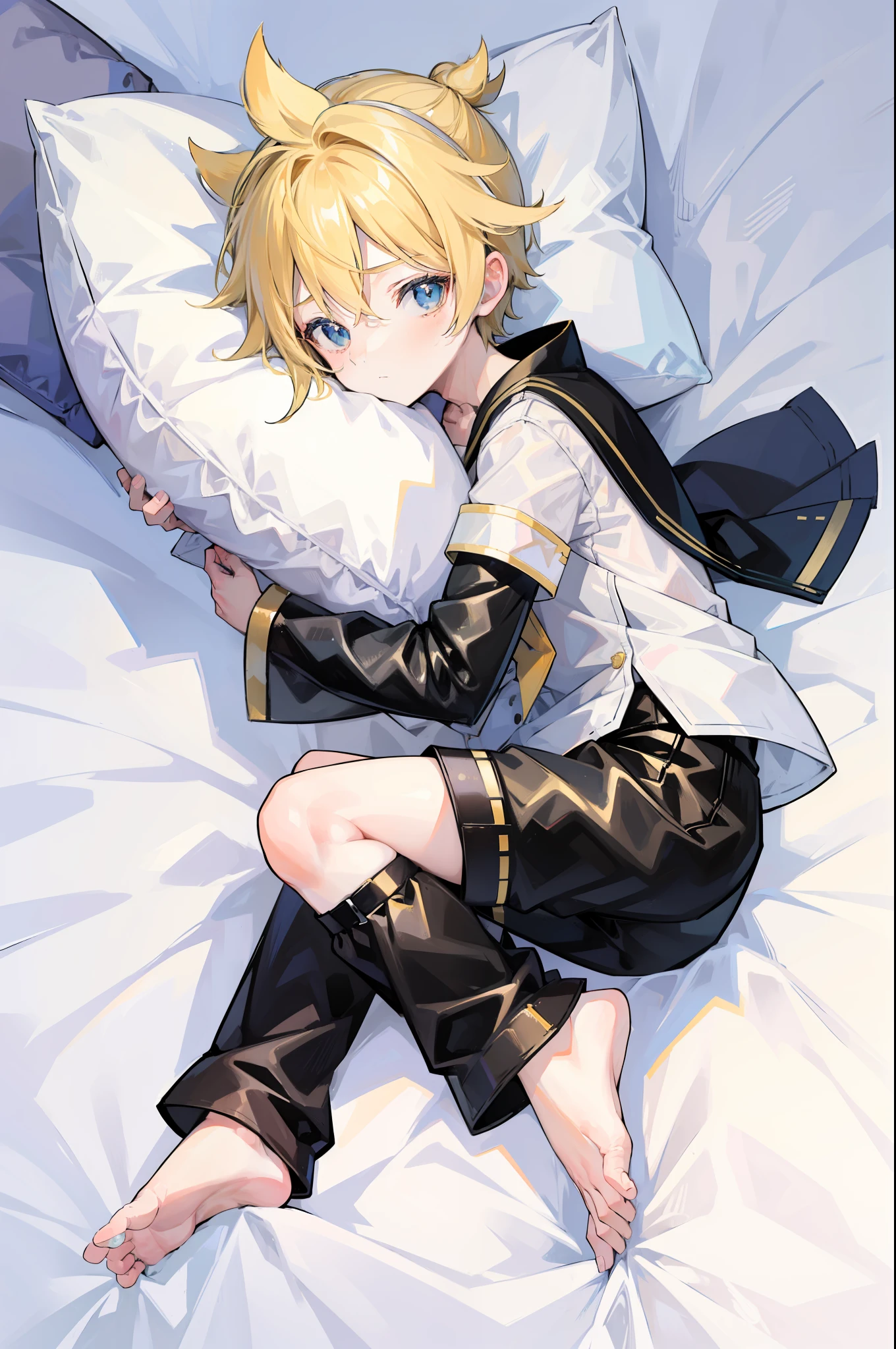 best quality, ultra precision, (one boy), (Len_Kagamine), cute, cool, blond hair, shota, handsome, cowlick, sailor uniform, black short pants, slender,  your cute boyfriend, innocent, boy model, boy is cute like a girl, on bed, lying on bed, sleep peacefully, close boy's eyes, boy is sleeping well, hugging pillow, full body, lovely, sleepy, vague consciousness, boy adore you, boy love you