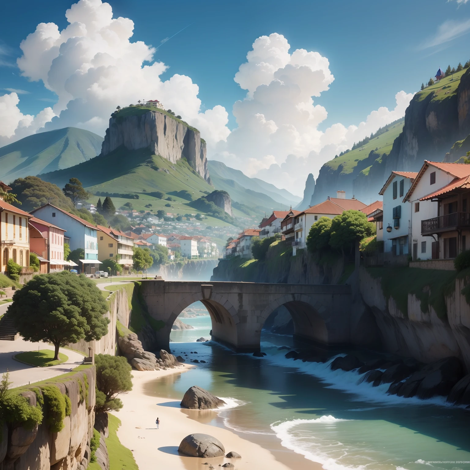 cidade, aventura, casas de madeira, estradinha de pedras, fofo, montanhas ao fundo, Sky with fluffy clouds
