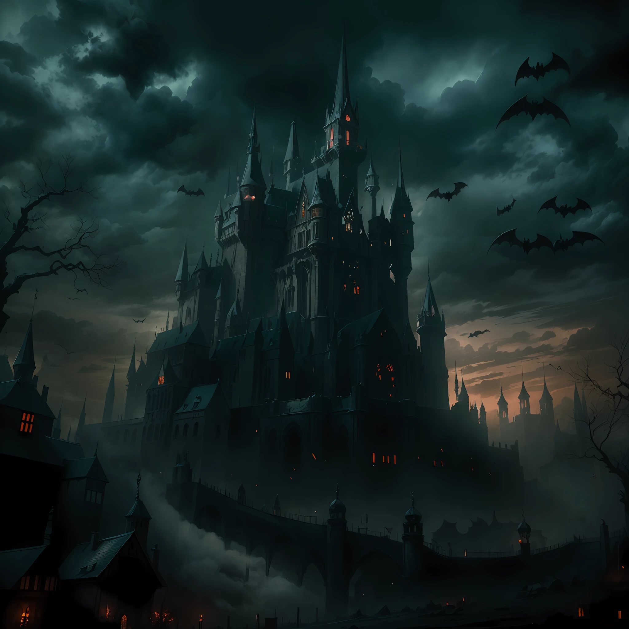 Dark castle with a graveyard and bats in the sky, dark castle setting, gothic castle, dark fantasy concept art, dark castle background, medieval dark fantasy, grimdark fantasy fortress, dark fantasy setting, epic castle with tall spires, dark fantasy city, dark ruins landscape, scarry castle). mystical, gothic castle in the background, gothic castle in background