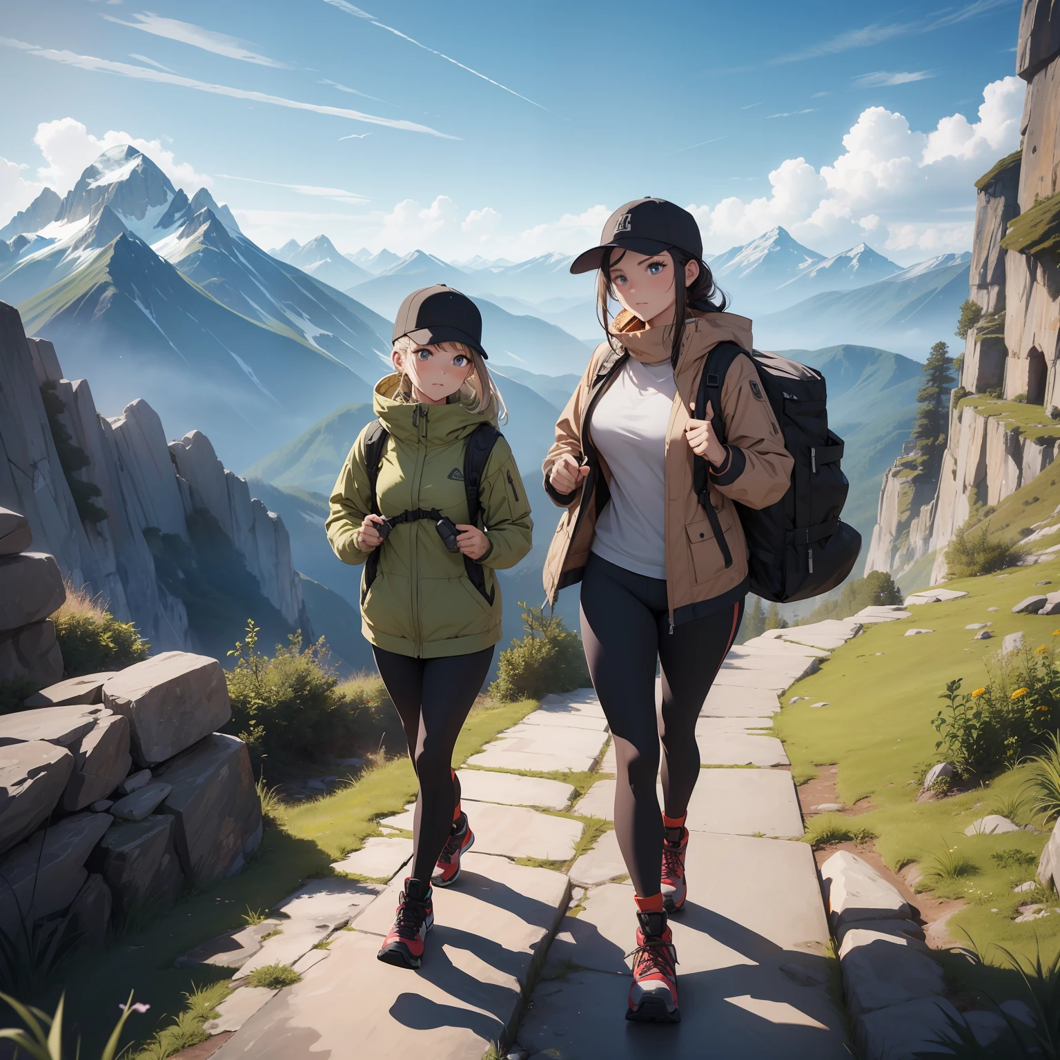 masterpiece, best quality, ultra HD, 8k, wallpaper), cinematic view, full body view, front view, perfect body, perfect anatomy, curvaceous, alluring, perfect hands, perfect eyes, detailed eyes, large breasts, long round legs, round ass, 3 tenacious female mountain hikers, 1 blonde 1 red 1 dark haired females, aged in their late 20s or early 30s, stand proudly on a rocky outcrop amidst a breathtaking, rugged mountain landscape, they sports a functional yet stylish ensemble, including a high-performance, waterproof hiking jacket in earthy tones, comfortable moisture-wicking shirts in a vibrant color, durable hiking shorts, sturdy ankle-high boots, and compact backpacks equipped with a hydration system, completing their outfits are a sporty caps, sunglasses, and wristwatches, the magnificent mountain range in the background, shrouded in mist and cloaked with lush greenery, adds an untouched beauty of nature to the scene, amongst rugged rocks and colorful wildflowers in the foreground, she conquers the rocky peak, evoking a sense of wonder, determination, and serenity