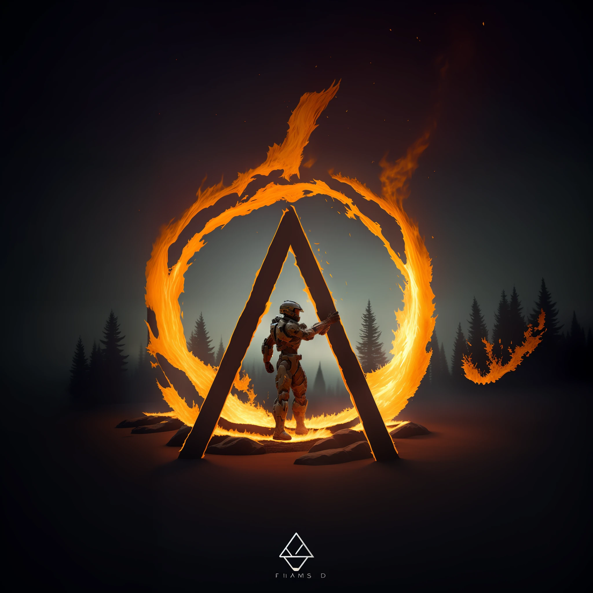 a man standing before a circle of fire with a triangle in the middle, Um portal para o Reino da Chama Perdida, Arcos de Chama, anamorphic flares, inspirado em Mike Winkelmann, ICE fire behind him, Artistic 3D , flares anamorphic, no fundo lago vermelho em chamas, fire, halo de fogo, amazing fire art, 3D ICE reflection ,360 GRAUL