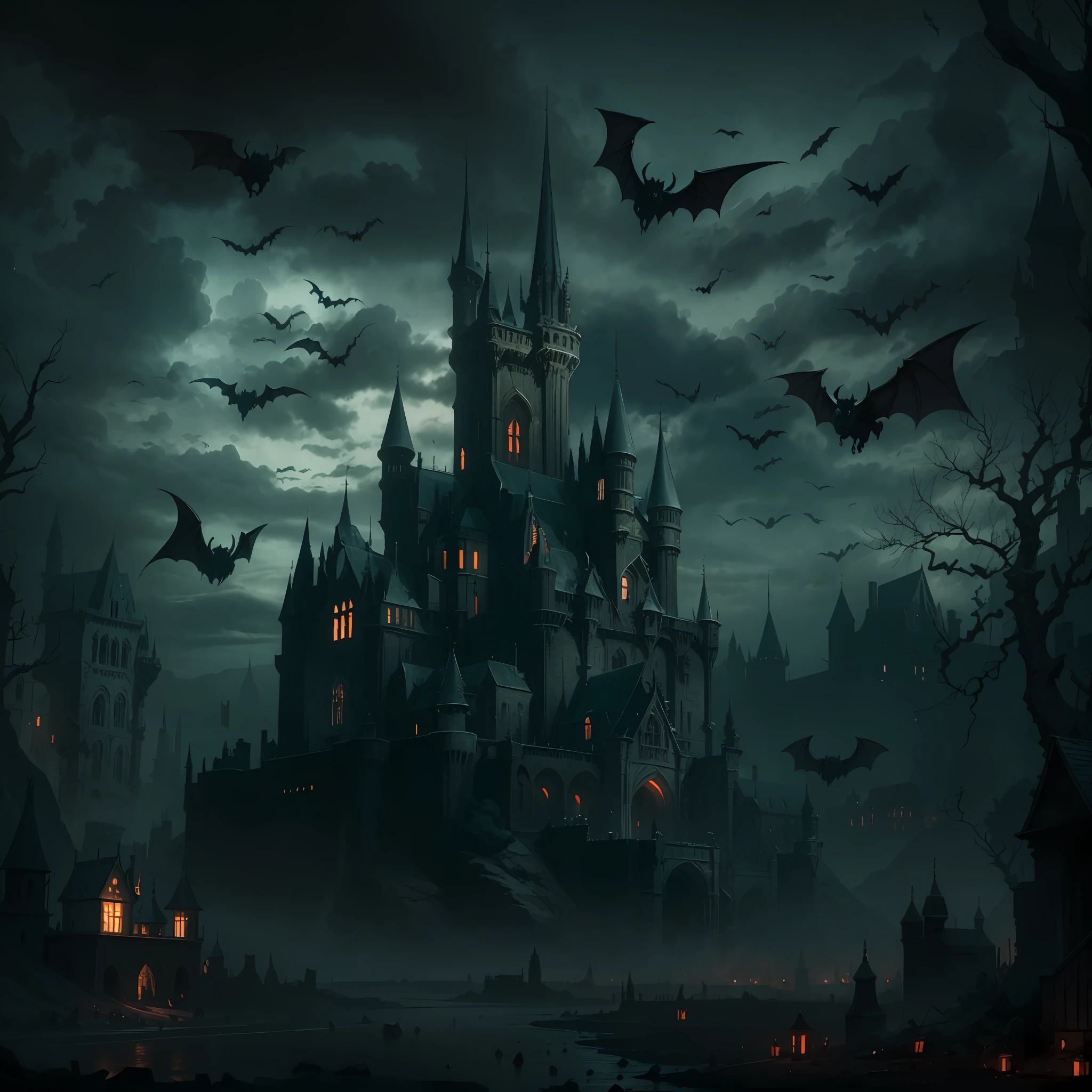 Dark castle with a graveyard and bats in the sky, dark castle setting, gothic castle, dark fantasy concept art, dark castle background, medieval dark fantasy, grimdark fantasy fortress, dark fantasy setting, epic castle with tall spires, dark fantasy city, dark ruins landscape, scarry castle). mystical, gothic castle in the background, gothic castle in background