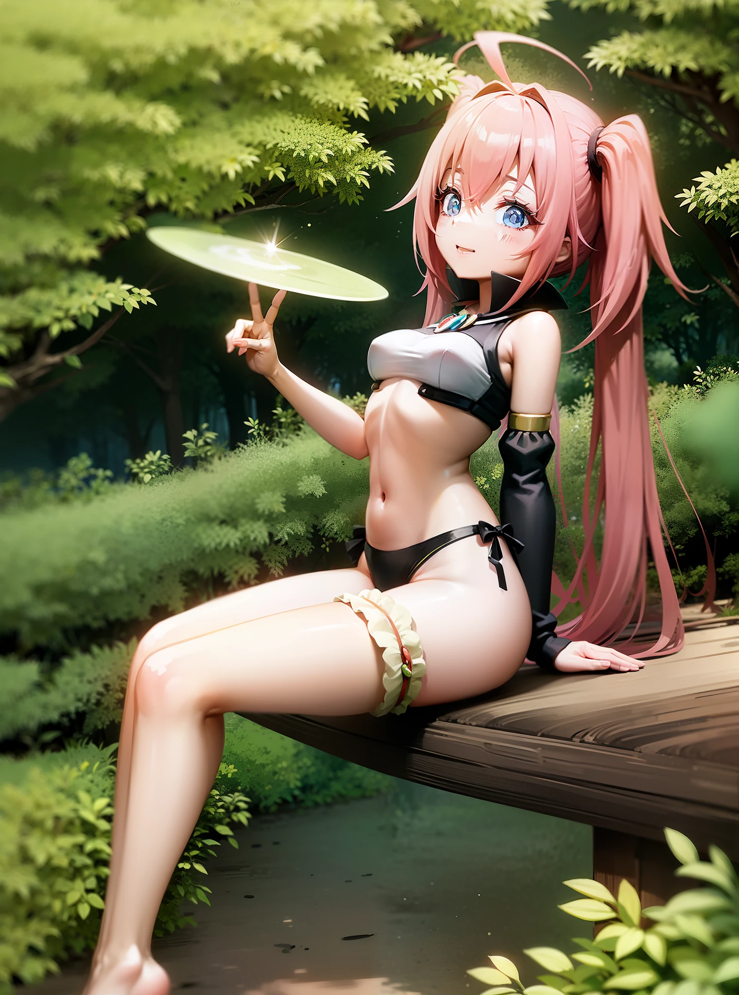Milim bem detalhada, sitting in a forest showing her feet very close to the camera, umbigo exposto, barriga exposta, coxas bem sensuais.