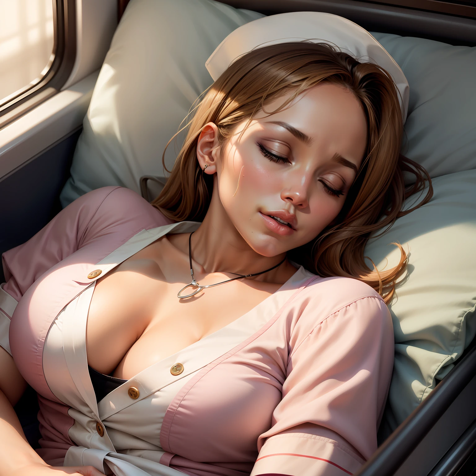 Beautiful realistic woman Jennifer Lopez sleeping with her mouth open, sleeping soundly on the bus, drooling, sweating, eyelids made up, passed out, dressed as a sexy nurse