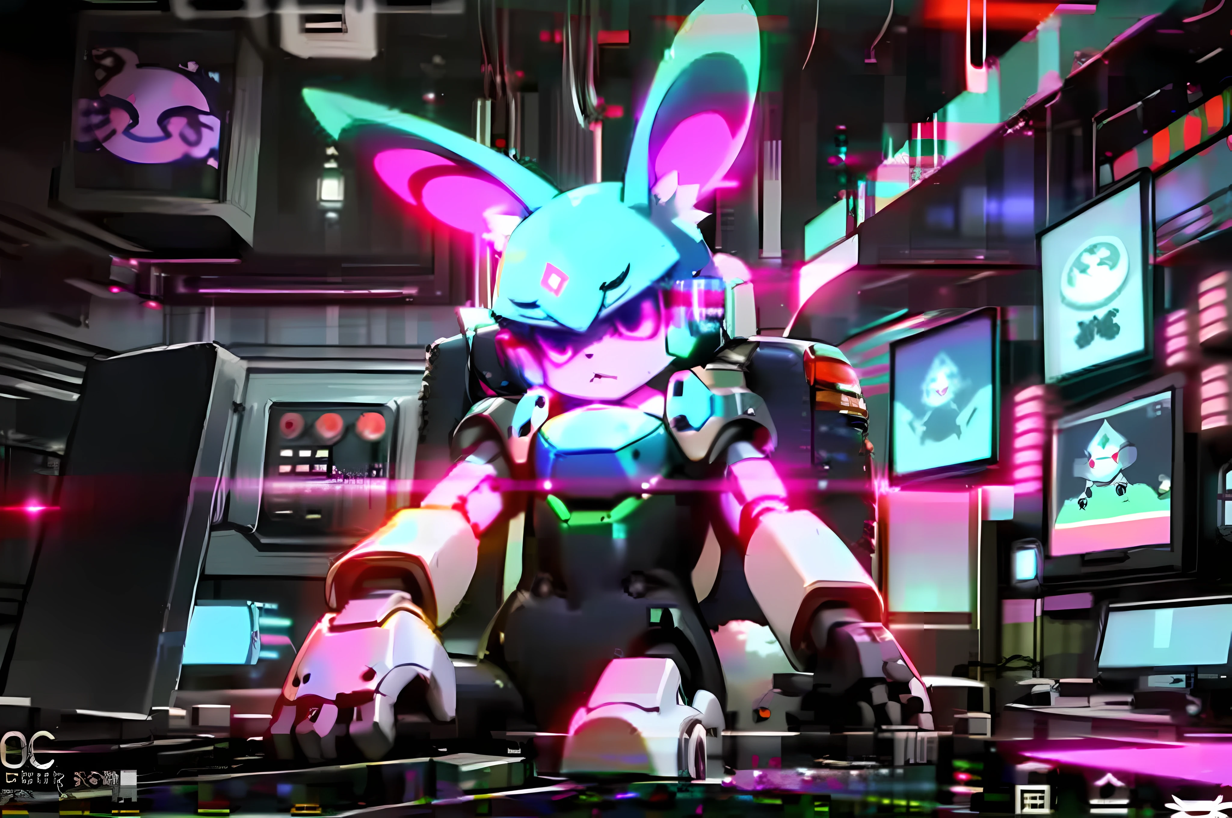 (blame! style abandoned tech landscape), (Zen, Amy Sol style), (((beats to relax/study to))), (((Lofi anthro kemono blue-furred rabbit girl in power armor sitting in metal chair behind computer terminal, behind giant glass terminal screen, beats to relax/study to))), (((blue kemono beastars furry rabbit anime hacker with small soft furry paws))), (((suspended glass cyberpunk computer terminals with robot rabbit in background))), ((glowing cyberdeck screens)), (underground, dark, foggy, perilous, abandoned dystopian apartment bedroom, deep windows), (abstract anthro rabbit figure wearing bunny ears), cover art with light abstraction, abstract, simple vector art, contemporary Cybernetic art, color gradients, soft color palettes, layered forms, whimsical animation, style Ethereal abstract, 4K, --v6
