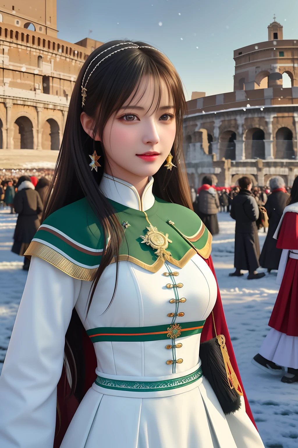 Best quality, 超高分辨率, Detailed face, Realistic face,RAW photo,2girls,duo,navel,(Castel Sant'Angelo in Rome,crowd,winter,Snow),(cheerful big breasts, Energetic, cheerfulness:1.4), Green eyes, Small hairpins for ladybugs,
(hdr:1.4), Dramatic, the complex background, Cinematic, cinematic ligh, (rootkowski, art stations:0.8),
insanely details, Intricate details, ultra - detailed, Low contrast, Soft cinematic light, exposure blend, hdr ,