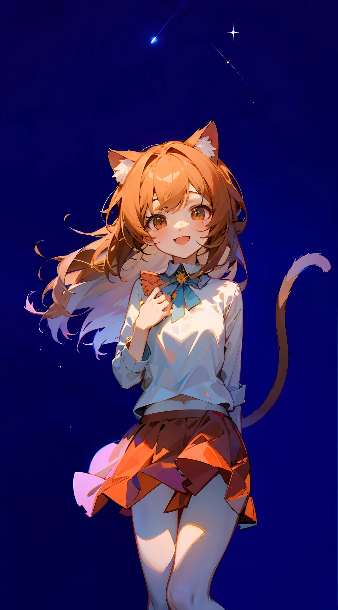 brown hair ,cat ears ,brown eyes ,cat girl ,red skirt ,best quality ,happy ,stars ,night ,meteor