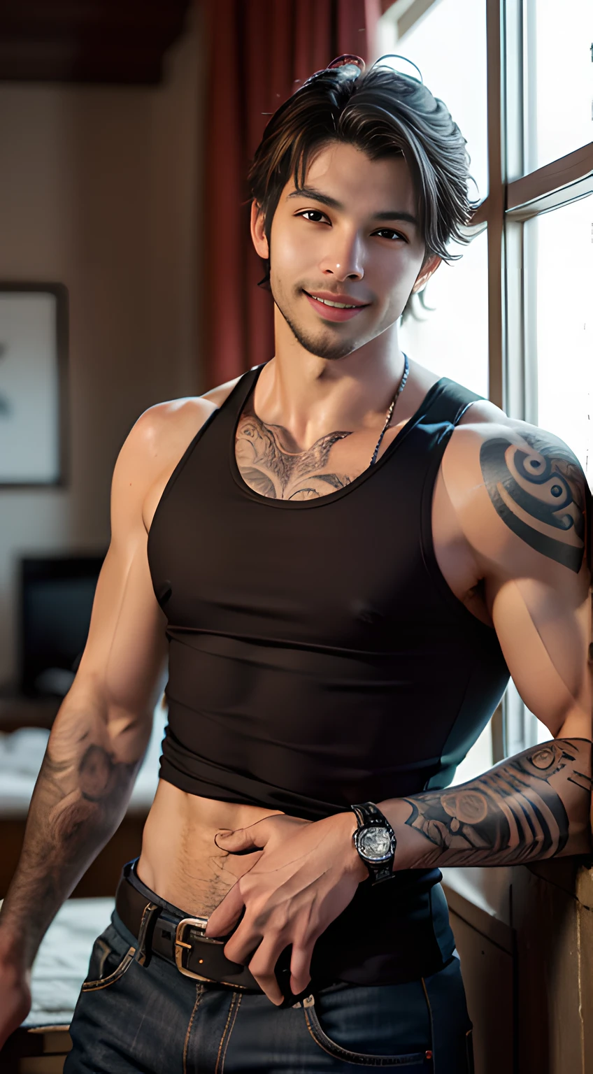 ((Men only)), (Cowboy Shot), (Handsome muscular man wearing men's tank top with red and blue tattoos all over his body), Mischievous smile, (detaile: 1 in 1), Natural muscles, HIG quality, beautidful eyes, (Detailed face and eyes), (Face、: 1 / 2), Noise, Real Photographics、... .................................................................................PSD, Sharp Focus, High resolution 8K, realisitic & Professional Photography, 8K UHD, Soft lighting, High quality, Film grain, FujifilmXT3