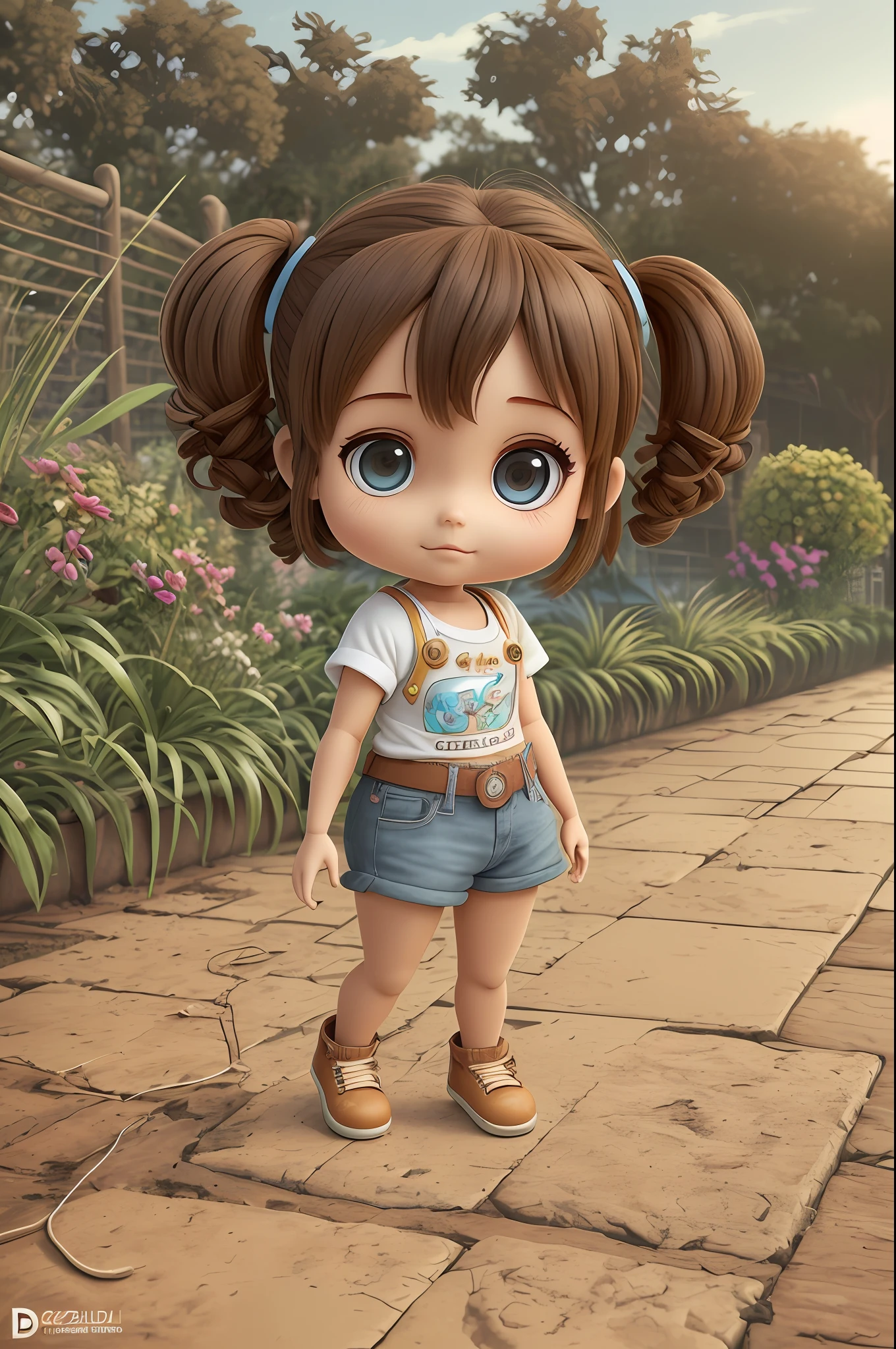 Uma girl pixar personagem baby boneca girl, morena olhos castanhos, estilo (chibi ) 3D HD well detailed beautiful scenery in a deformed garden, deformed hand, dedos colados, duplicate heads, arte ruim, qualidade baixa, defective hands, dedos fundidos, fused hands, pernas deformadas --auto --s2