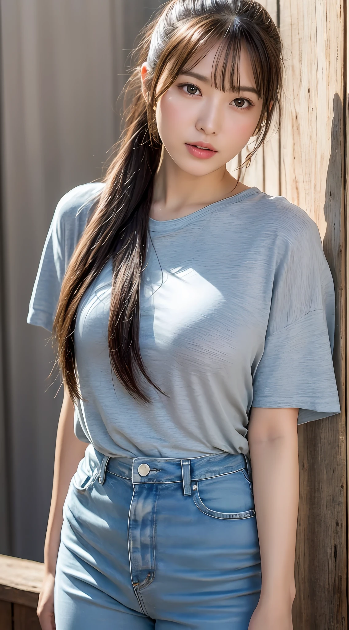 (8k、RAW Photography、top-quality、masuter piece:1.2)、ultra-detailliert、ultra res、(realisitic、rialistic photo:1.37)、portlate、high-definition RAW color photography、Professional Photography、highly detailed and beautiful、ighly detailed、8K wallpapers、amazing detailed、huge filesize、Official Art、Highly detailed CG Unity 8k wallpapers、highly detailed beautiful girl、extra detailed face、extremely detailed eye、highlydetailed skin、extremely detailed fingers、highly detailed nose、very detailed detailed mouth、Perfect Anatomy、细致背景、Detailed clothing、女の子1人、(20:1.2)、in her 20s、Cute little girl s、Realistic body、小柄、de pele branca、glistning skin、Slim body、A dark-haired、((poneyTail))、(bluntbangs: 1.2)、kawaii、zora々Right、kawaii faces、lifelike face、Delicate eyes、Sauce order、((Extra large shirts for men))、((fullnude))、((Not wearing pants))、((Plain feet))、((up))、((FULL BODYSHOT))、耳Nipple Ring、Looking at the camera、cowboy shot、front facing、standing athletic pose、Contrapo、动态照明、C Cup Milk、