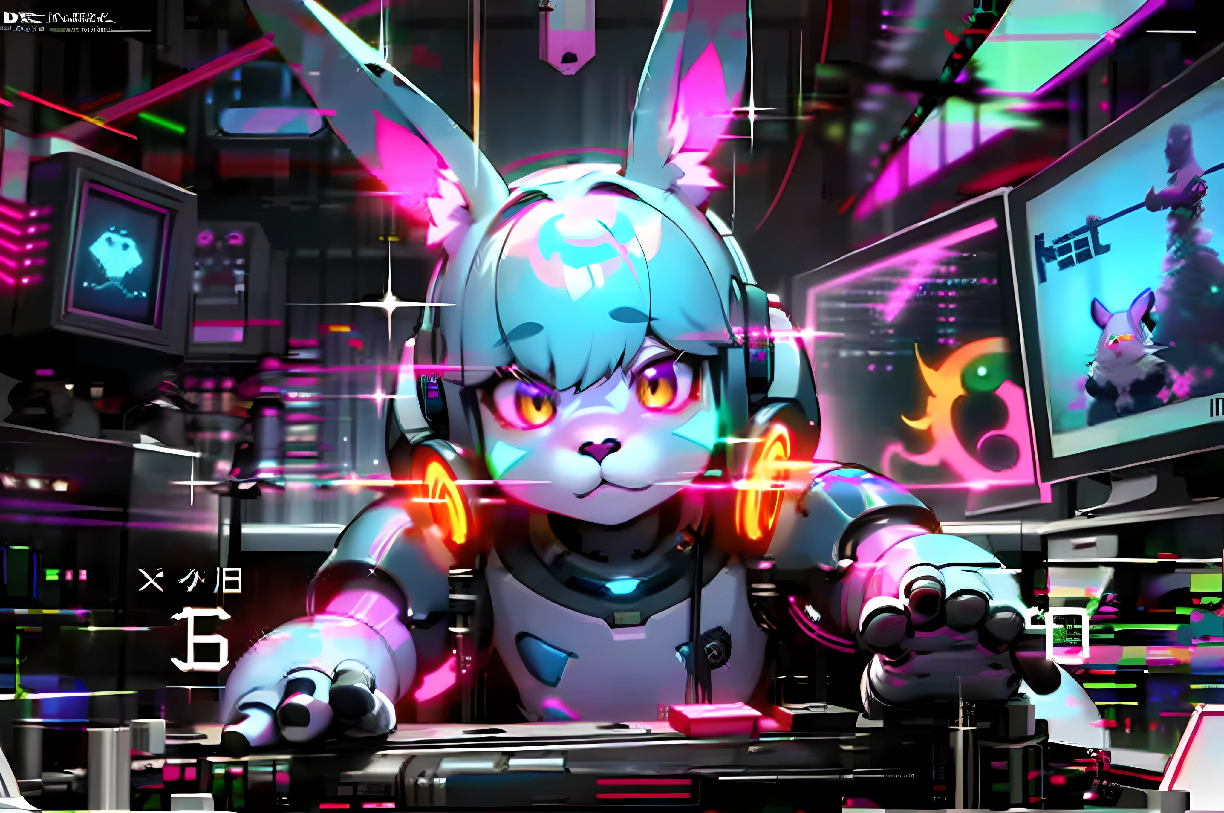 (blame! style abandoned tech landscape), (Zen, Amy Sol style), (((beats to relax/study to))), (((Lofi anthro kemono blue-furred rabbit girl in power armor sitting in metal chair behind computer terminal, behind giant glass terminal screen, beats to relax/study to))), (((blue kemono beastars furry rabbit anime hacker with small soft furry paws))), (((suspended glass cyberpunk computer terminals with robot rabbit in background))), ((glowing cyberdeck screens)), (underground, dark, foggy, perilous, abandoned dystopian apartment bedroom, deep windows), (abstract anthro rabbit figure wearing bunny ears), cover art with light abstraction, abstract, simple vector art, contemporary Cybernetic art, color gradients, soft color palettes, layered forms, whimsical animation, style Ethereal abstract, 4K, --v6