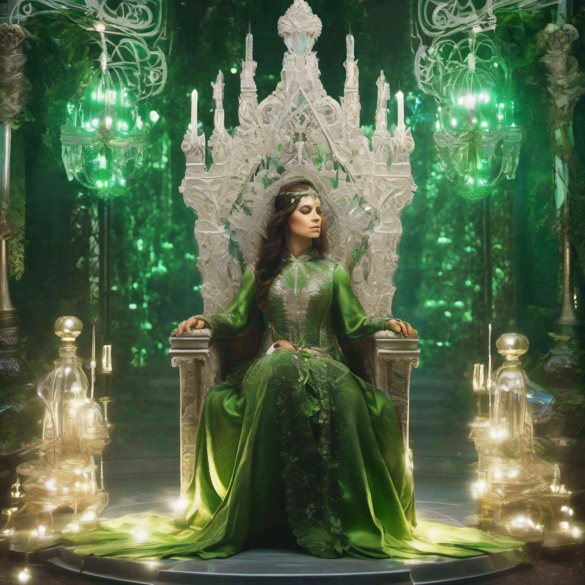 mulher sozinha, sentada em um trono, cravejado de caveiras (vestes branca transparente) Elven scenario, absurdamente real, corpo inteiro, olhos verdes brilhante, rosto de mulher de 18 anos, cores vividas, detalhes intrincados, desfoque suave de movimento, Light Volumetric.