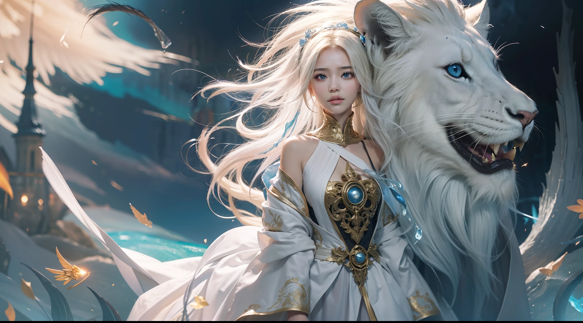 Medieval street corners,Night, Dark, (Fantasy),infinite,deep blue sky,The abyss of knowledge,Cowledge,((masutepiece)), (((Best Quality))),((Beautiful fine eyes)),(Eye lashes)、Very beautiful face、The ultra -The high-definition、Beautiful girl riding a giant white lion、(女の子1人)、Black hair、The long-haired、abyss eyes、glowy skin、oils、small tits、Perfect human body structure、Wizard robes、tattered cloth、Realistic coat、Teenchi、Super delicate CG Unity 32k wallpaper、photoRealstic、​masterpiece, ((ultra-detailliert)), ((illustratio)),colourfull,wall-paper,The energy,Unknown terror,Incomprehensible,Around the magic,Magical surroundings,magic wands,Boken,Flying pages,Know everything,Predict the future、Get to know the past、Infinite wisdom、blue flames、Warlock、magic circles、Pentagram、Spells、mantra、Singing magic