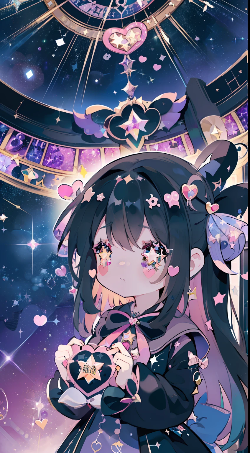 One girl、witch outfit、witch's hat、cute little、((wonderland)),Gothic decoration,((sticker style)),(heart item,star item,ribbon:1.5),(symbolic:1.2), conspicuous,(star glitter and hart glitter:1.5),(kawaii town at night:1.5),(big clock tower:1.2),(Meteor shower,star and hart effect:1.3),