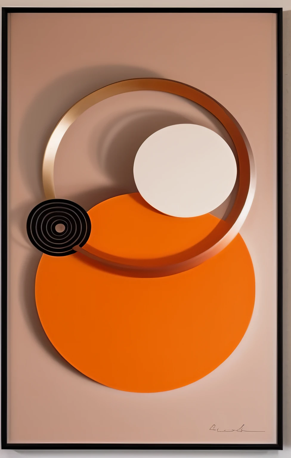 A closeup of an image of an orange object with a black circle, circle design, 3d geometric abstract art, design redondo, Arte 3D abstrata, Arte Digital - W 640, Espelhos abstratos, trending artistic art, arte digital", arte digital ", estilo de arte moderna, Pintura minimalista abstrata, circle forms, Arte Bauhaus, Directed by: Leon Polk Smith, pintura minimalista