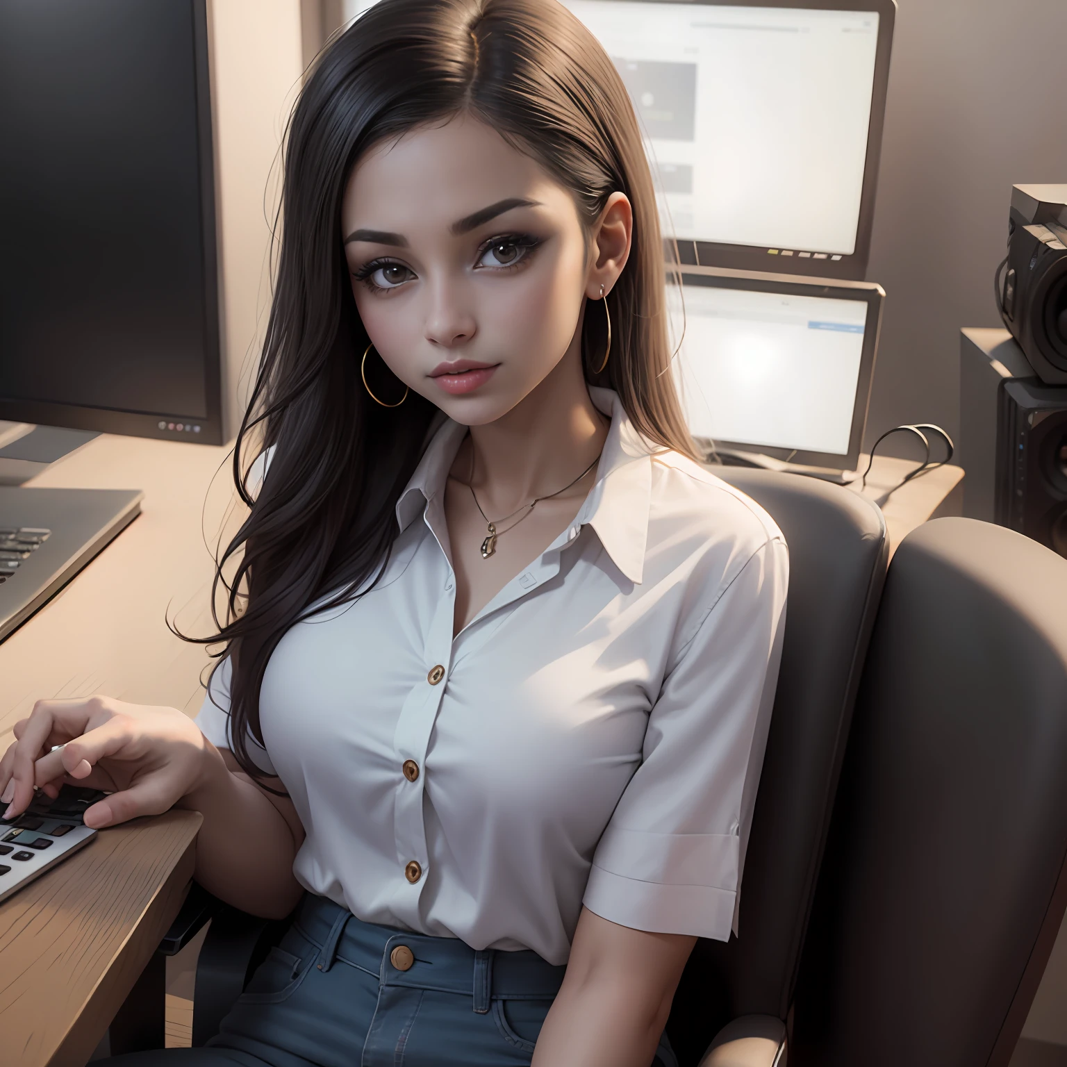 Portrait of Woman Who Looks Like Gina Valentina Wears Modern Casual Office Clothes in a Professional TV Studio Environment
