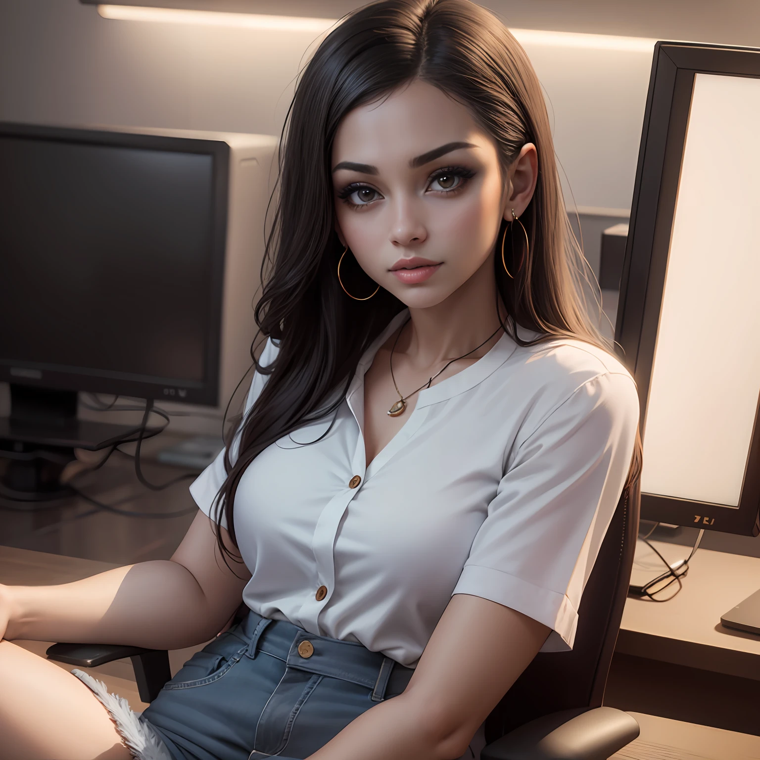 Portrait of Woman Who Looks Like Gina Valentina Wears Modern Casual Office Clothes in a Professional TV Studio Environment