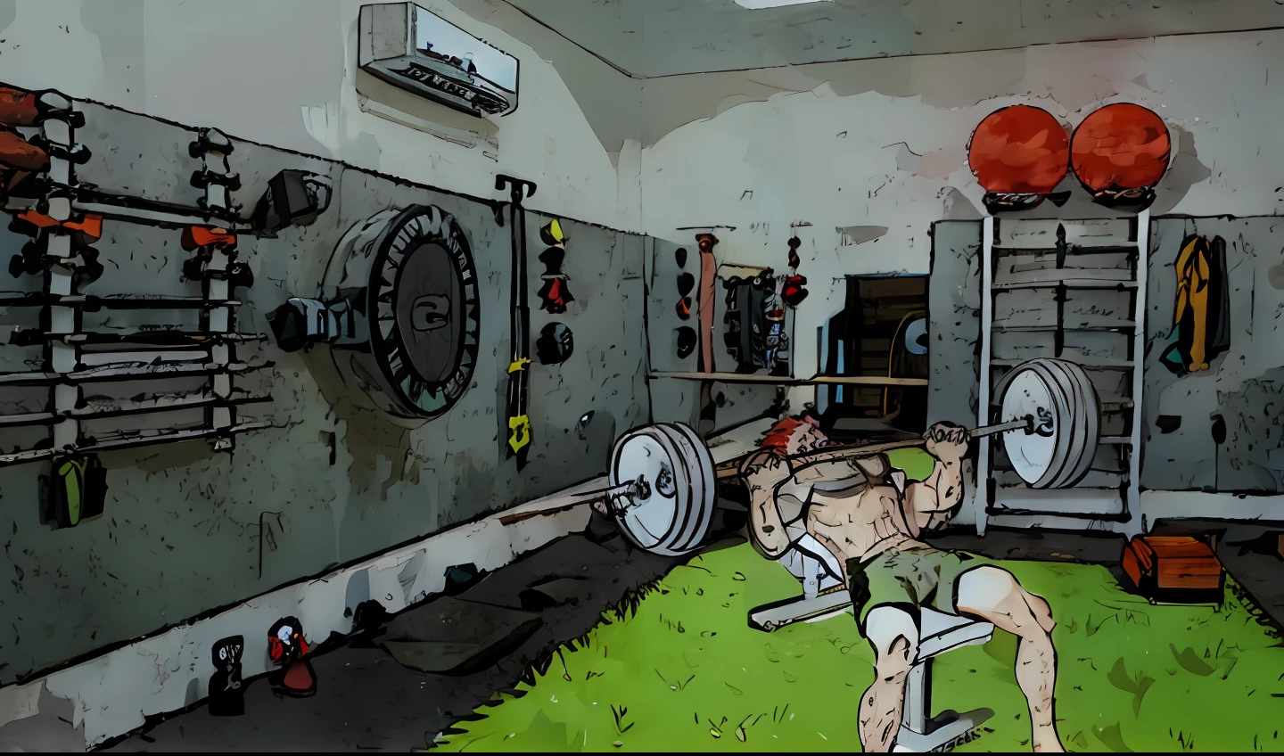 There's a red-haired man with a bearded bench press with a bar in a gym, fundo de uma academia, malhar, em uma academia, Academia Local, levantamento de pesos, academia, Athletic Crossfit Construction, treino, Ilustrativos, cena detalhada, digitalmente colorido, 8k, max quality, muitos detalhes, corpo extremamente forte