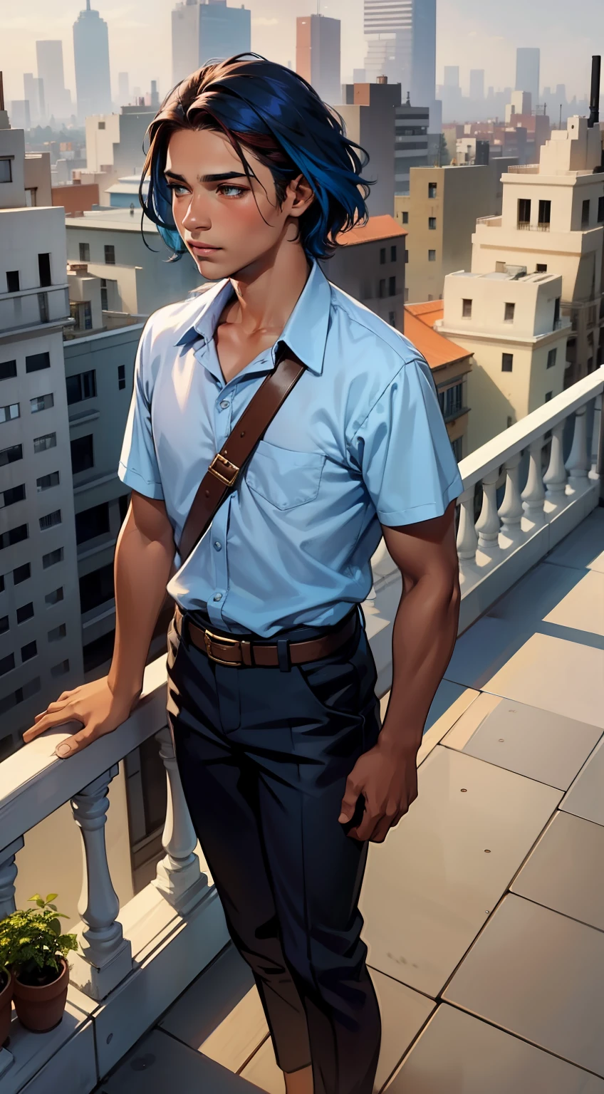 15-year-old man with short, cabello azul lacio. tiene mirada triste, Coppery brown skin, standing on a terrace looking at a strange city
