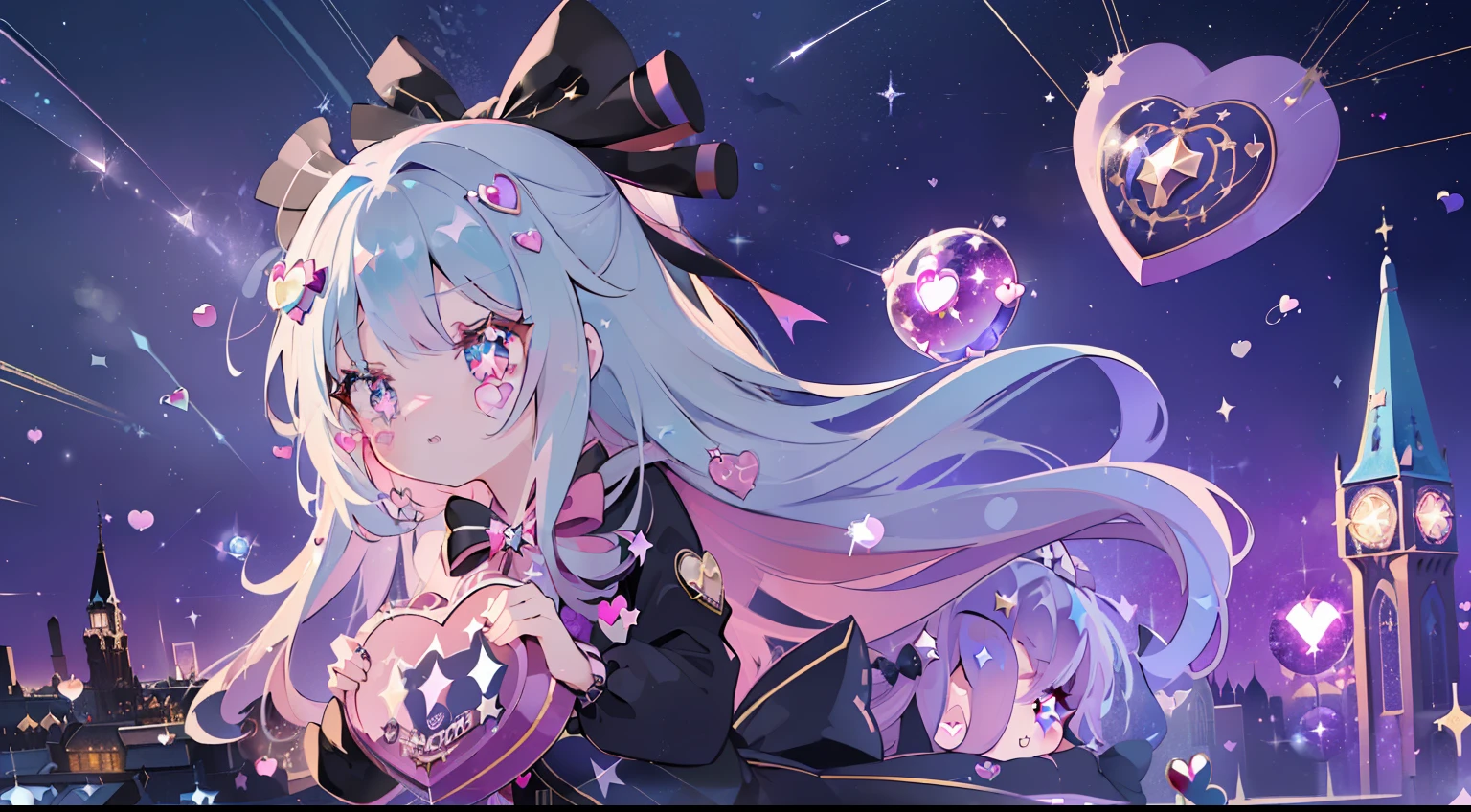 One girl、witch outfit、witch's hat、cute little、((Wonderland)),Gothic decoration,((sticker style)),(heart item,star item,bow ribbon:1.5),(symbolic:1.2), stand out,(Star glitter and heart glitter:1.5),(Cute city at night:1.5),(Large clock tower:1.2),(meteor shower,star&Heart effect:1.3),