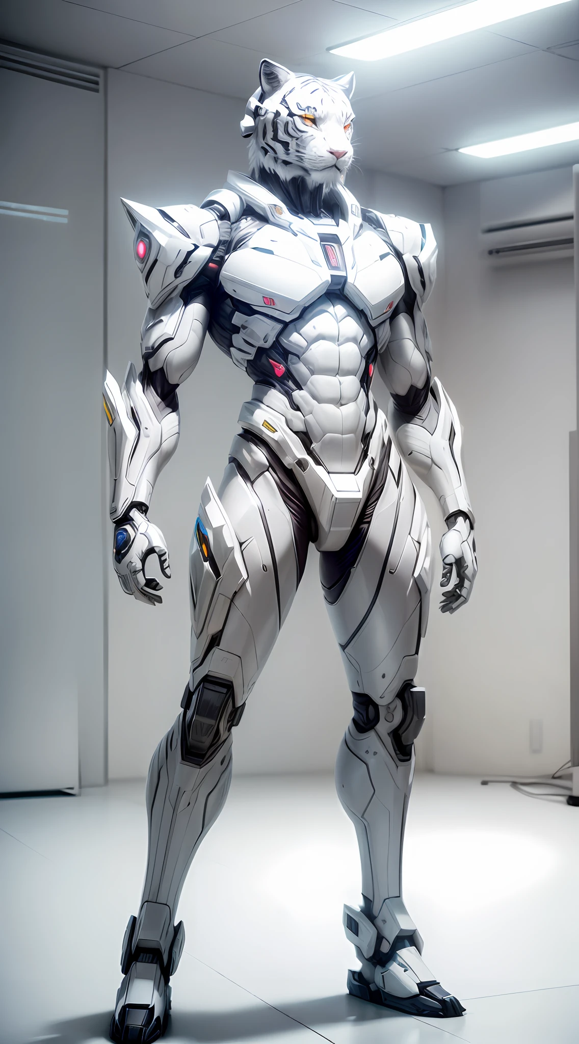 (anthropomorphism:1.5),(Full Body Shot), Cyberpunk, In the middle, 1 white tiger mecha(Mechanical style white tiger head, Exquisite Helmet:1.2, muscular limbs, muscular body), Standing on two legs, nobody, Dreamy Glow,clean,white background, ( Global illumination, raytracing, HDR, unreal render,reasonable design, masterpiece, best quality, UHD, Cinematic Lighting)