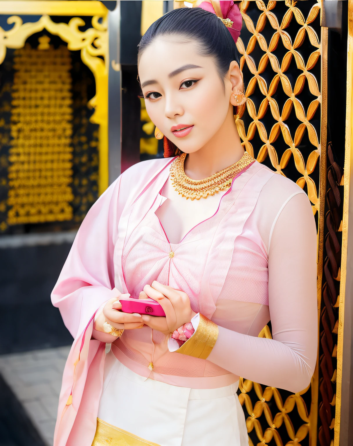 pretty Myanmar model girl in a pink blouse and black skirt standing in front of a gold gate, nivanh chanthara, traditional beauty, in style of thawan duchanee, in style of lam manh, south east asian with long, sukhothai costume, ao dai, dilraba dilmurat, mai anh tran, wearing ornate silk clothes