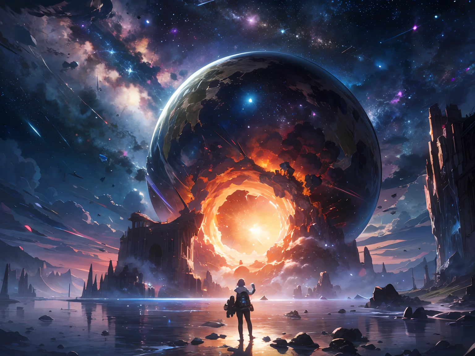Desenhe um jovem explodido os planetas, Standing on a research platform floating in the middle of an asteroid belt, vire as costas para os espectadores, from behind, surrounded by several glowing asteroids with firebreaker auras The dramatic illumination of distant stars and planets illuminates the scene, casting deep shadows on the costume, looking at the vast and mysterious universe with wonder and respect, quebrar, detalhado, realista, 4k arte digital altamente detalhada, Renderizar octanagem, bioluminescente, BREAK 8K resolution concept art, Realismo, by Mappa Studios, obra-prima, melhor qualidade, Arte Oficial, illustration, Linha clara, (Fresco_cor), perfect compositio, Absurdo, fantasia, focado, rule of thirds